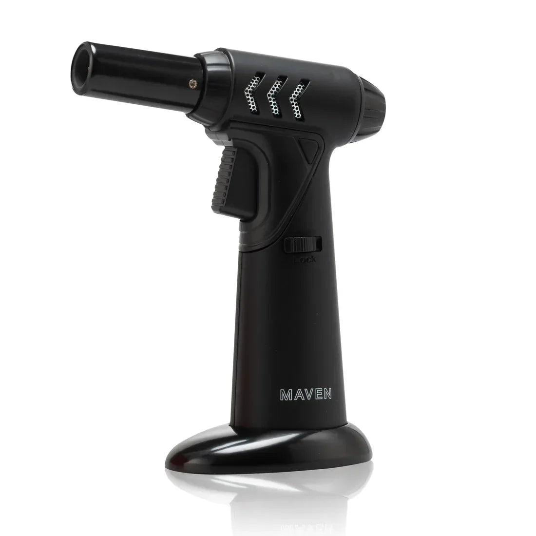Black handheld torch lighter with trigger and base, ideal for glass and vaporizer use