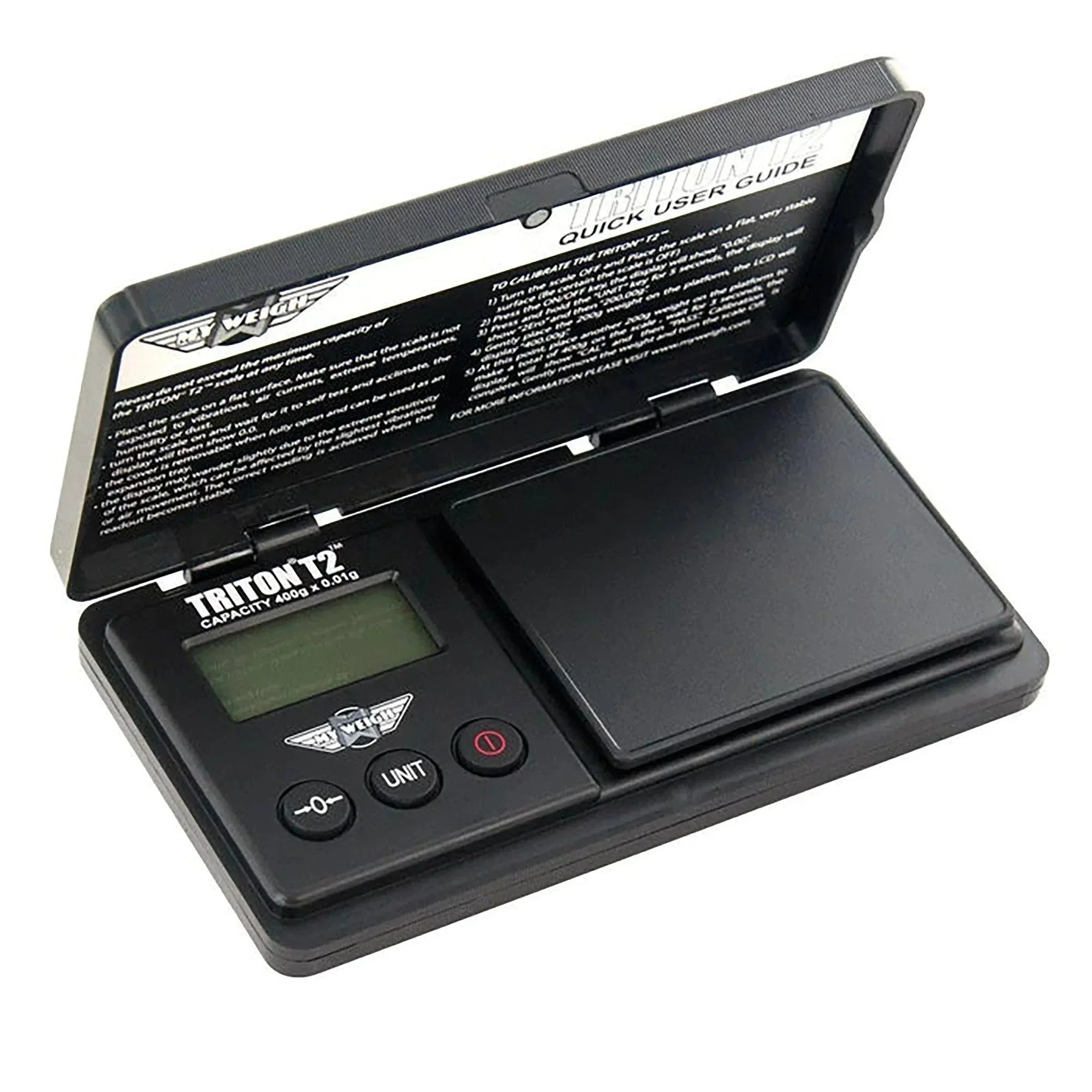 Triton T2 digital pocket scale with LCD display and flip-open lid, 400g capacity