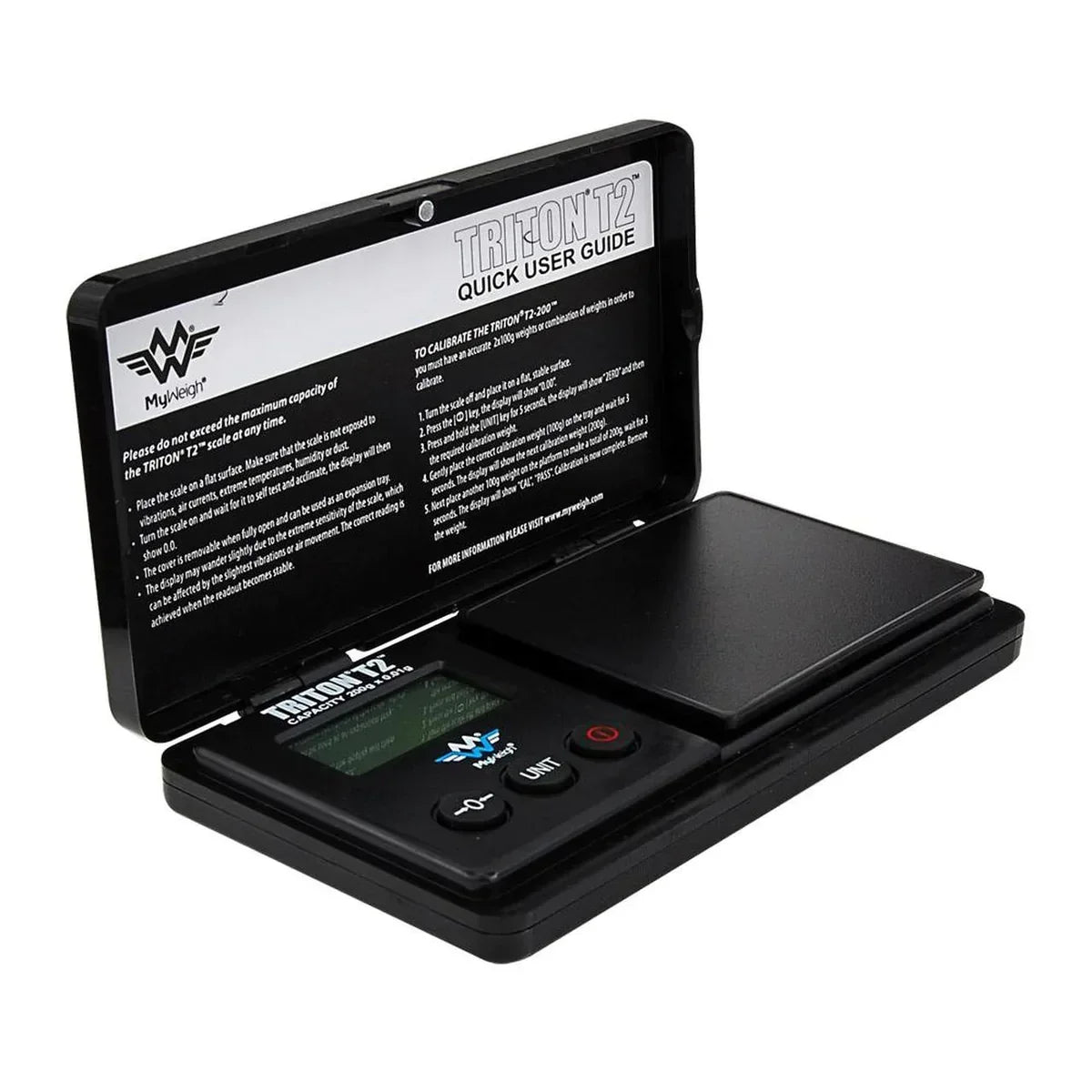 Triton T2 digital pocket scale with LCD screen and open lid showing instructions