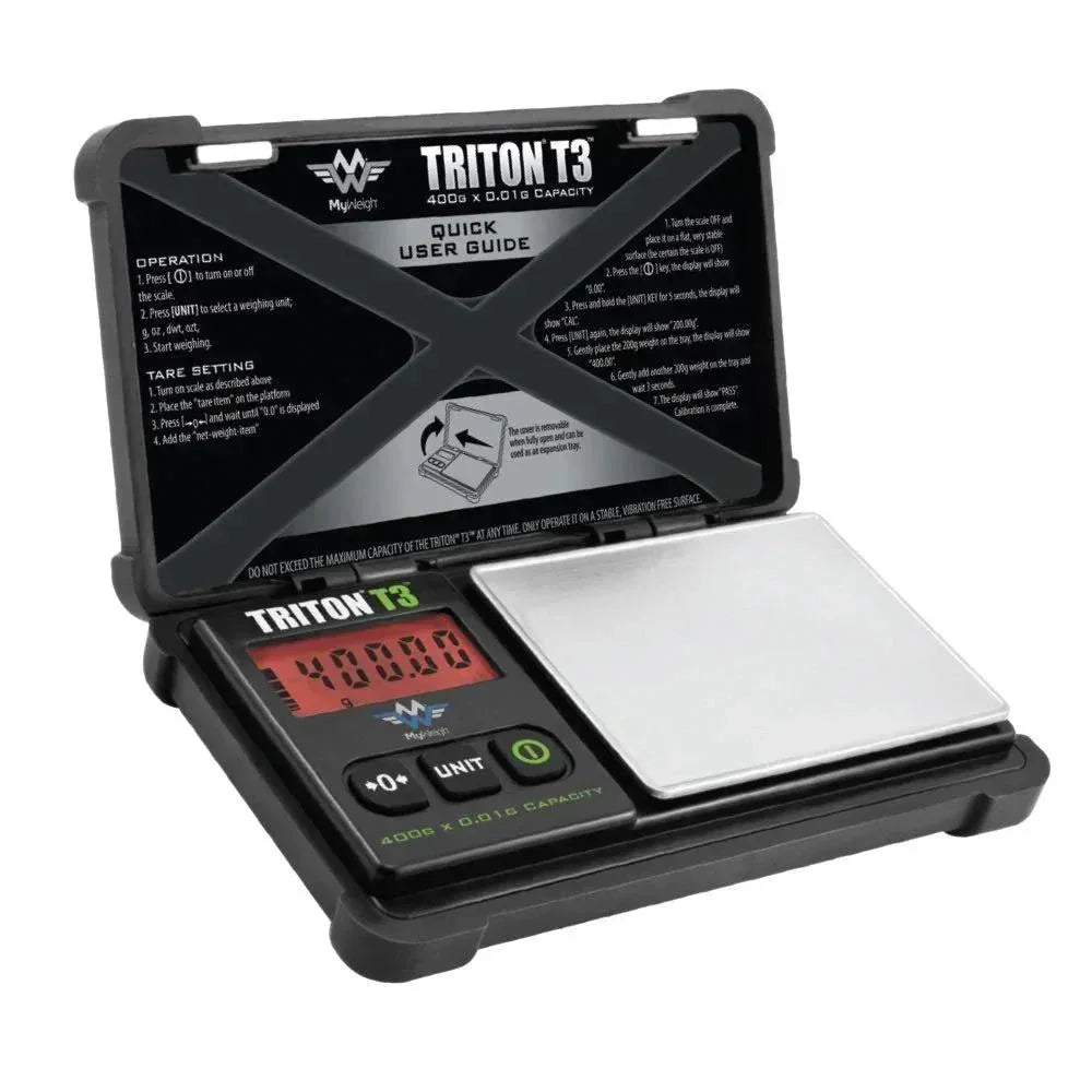 Triton T3 digital scale with 400g x 0.01g capacity, LCD display, and stainless steel platform.
