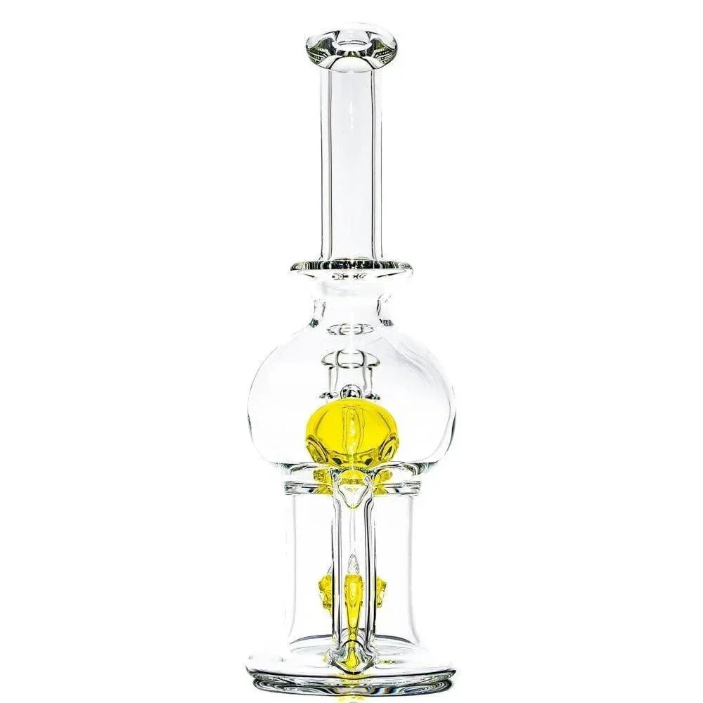 Clear glass water pipe with yellow accent centerpiece on a white background.