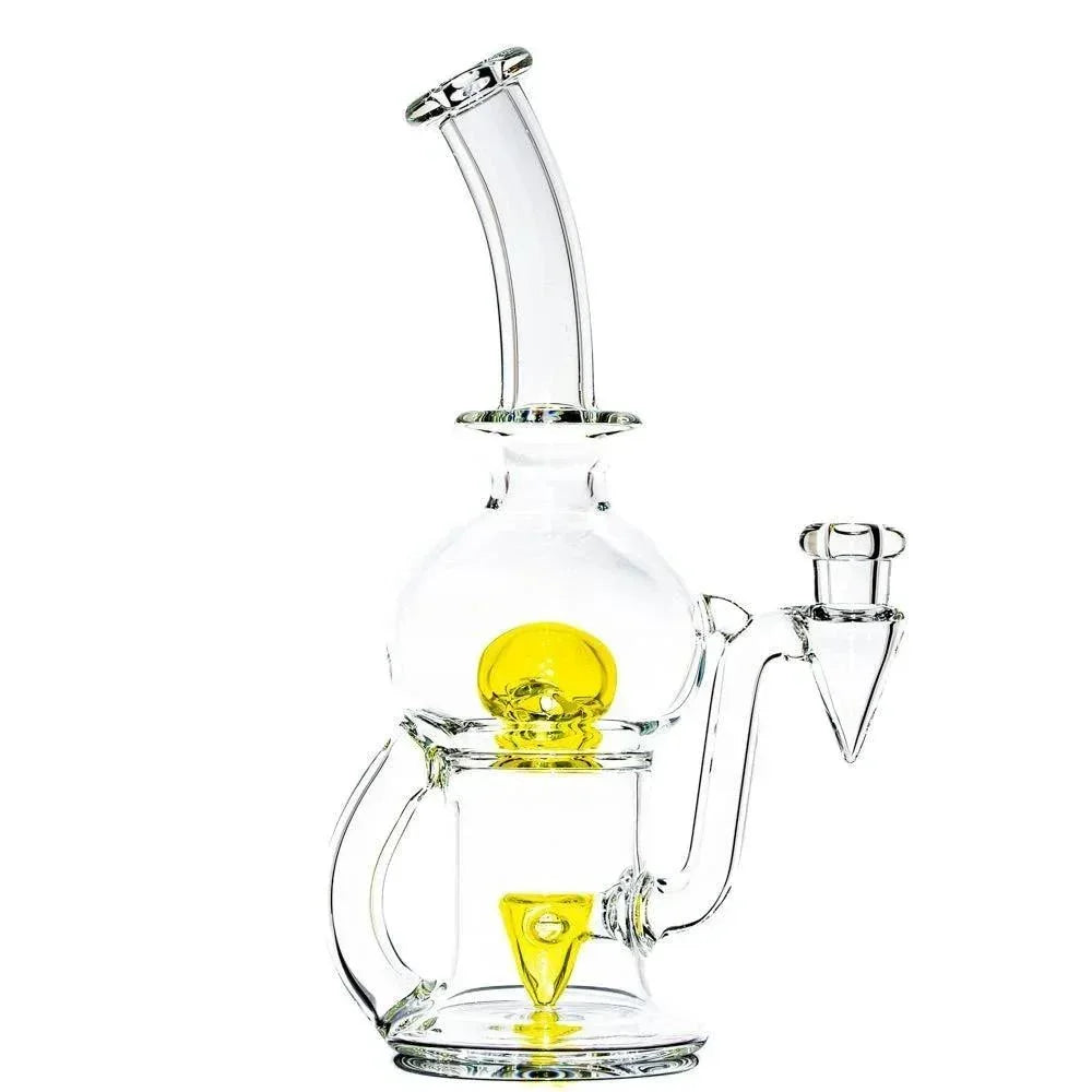 Clear glass water pipe with yellow accents and unique percolator design