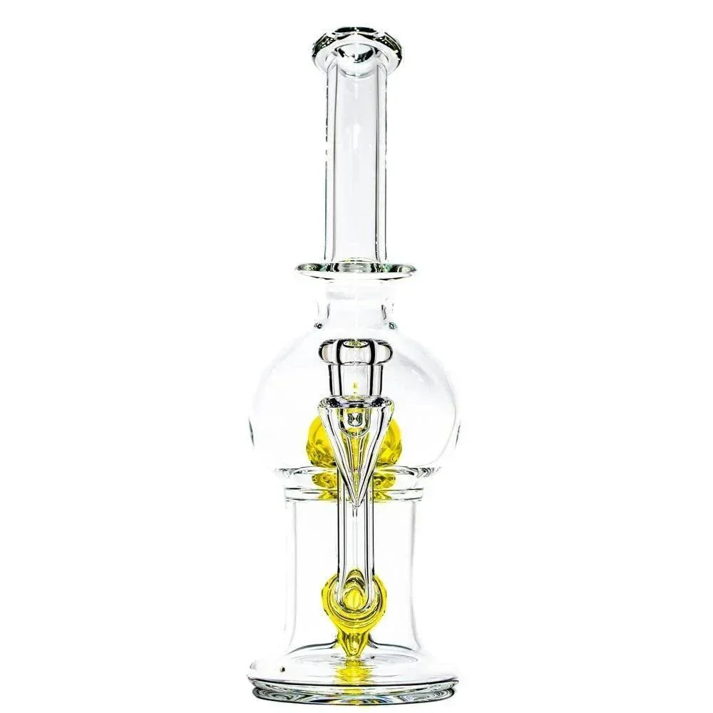 Clear glass water pipe with yellow glass accents, modern design, on white background