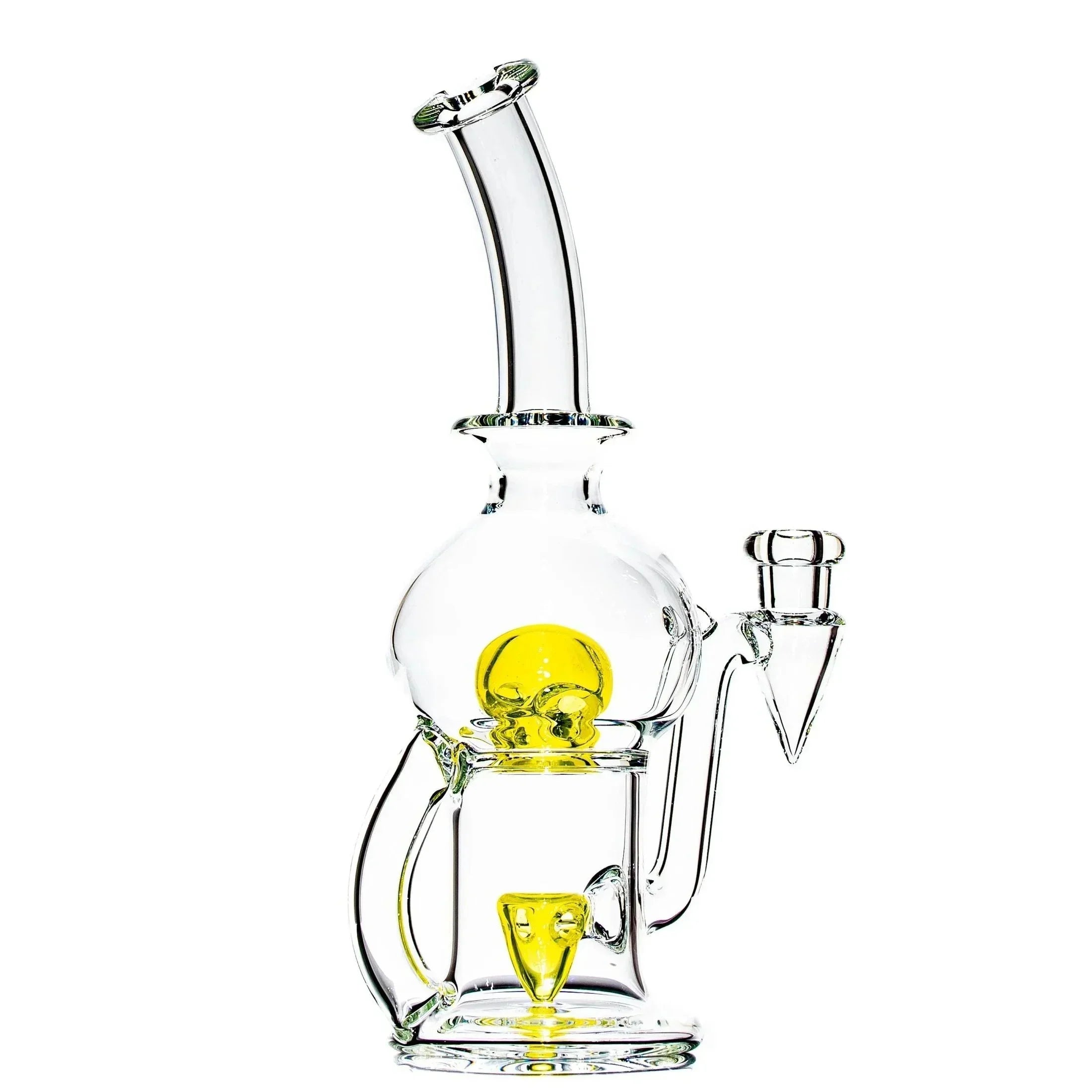 Clear glass water pipe with yellow accents and unique sculptural design on white background