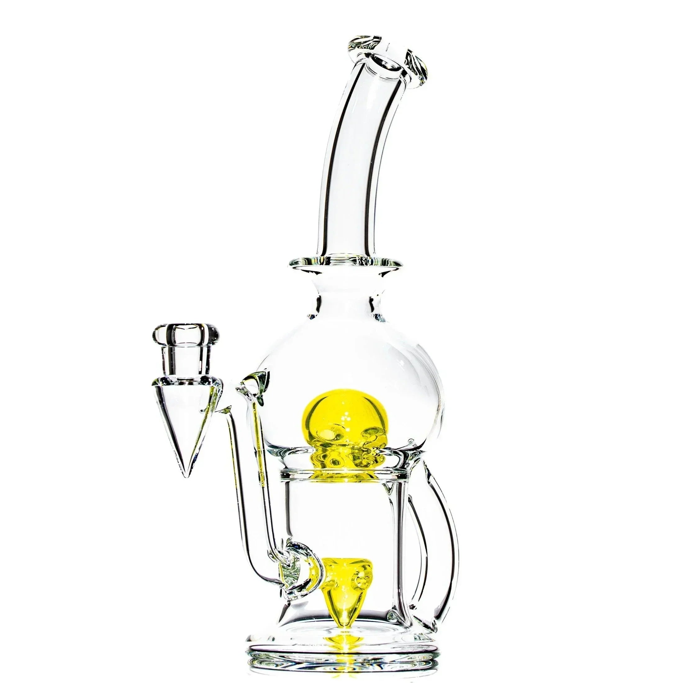 Clear glass water pipe with curved neck and yellow decorative glass accents, isolated on white.