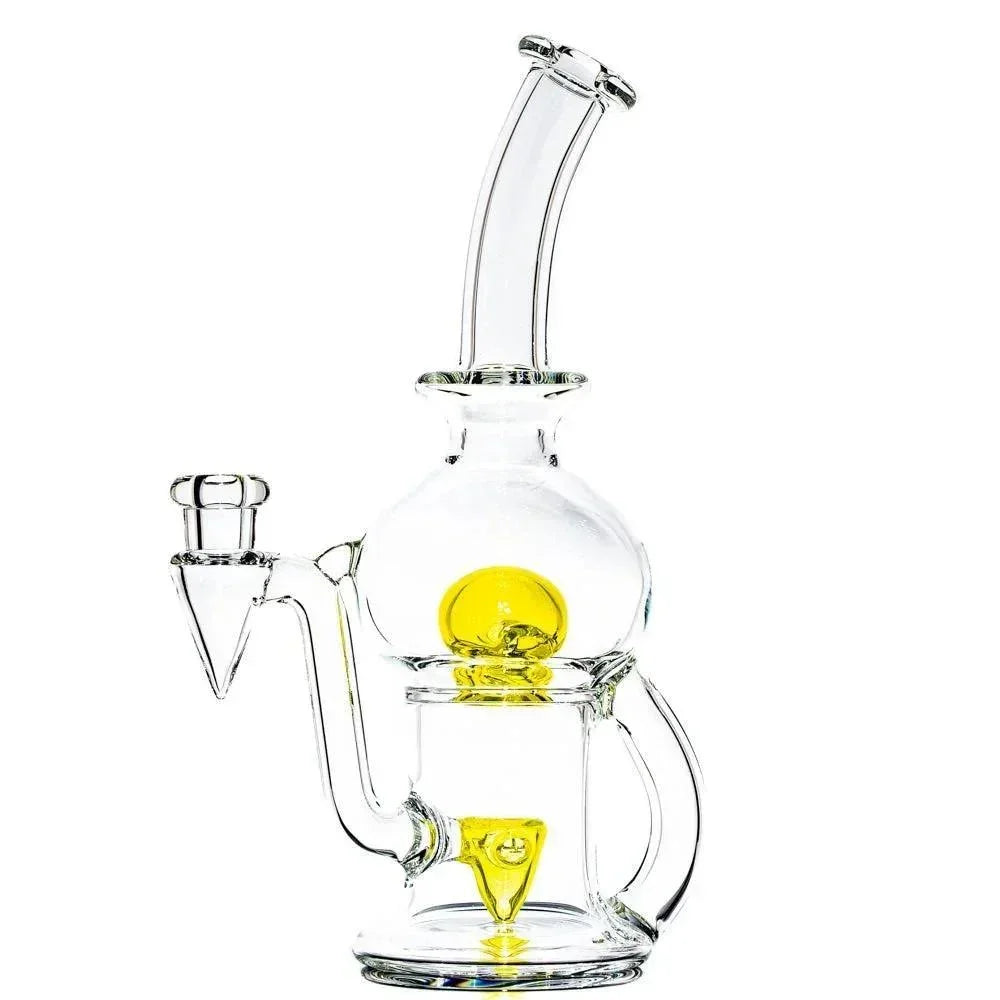 Clear heady glass water pipe with yellow accents and curved mouthpiece on white background