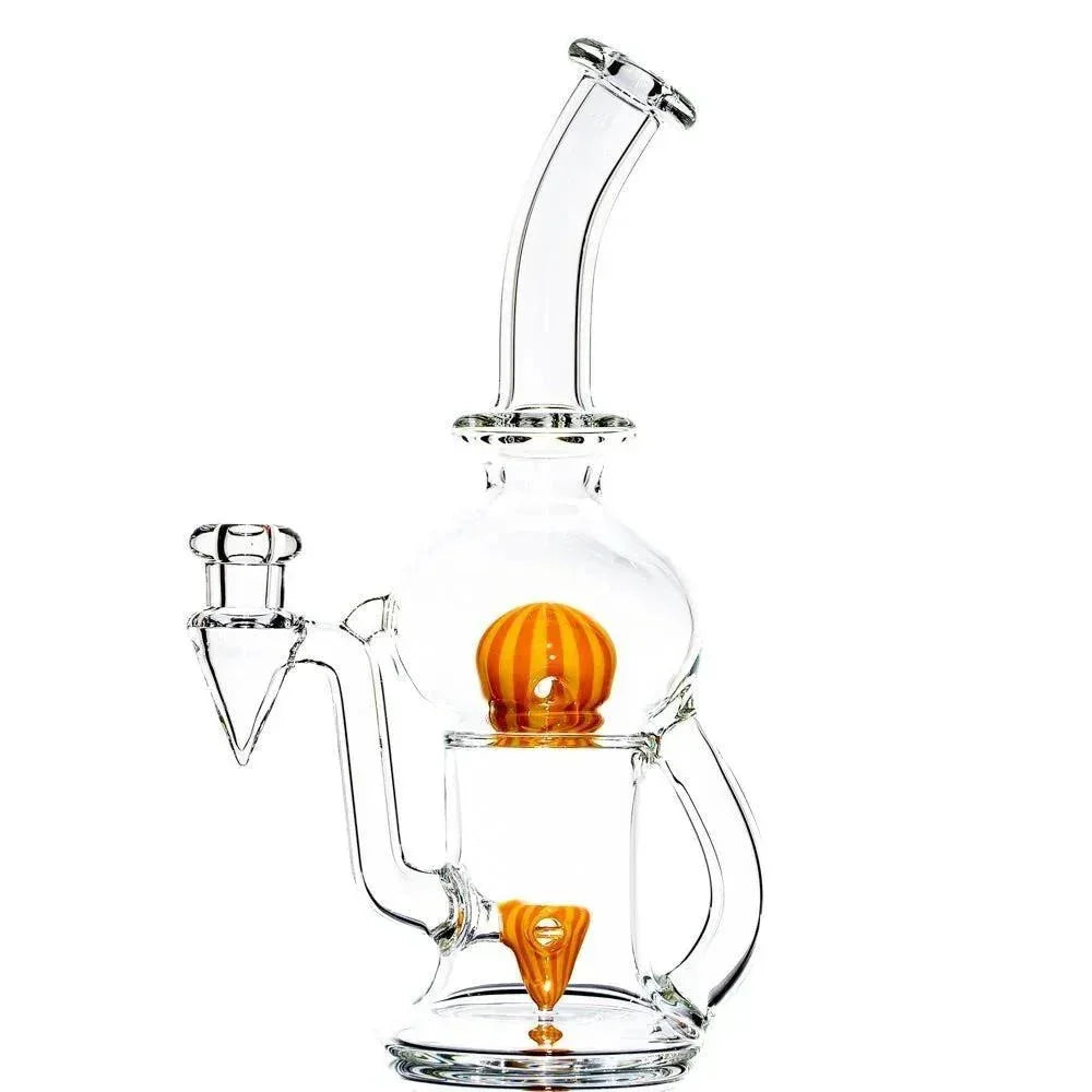 Clear glass water pipe with orange striped glass accents on white background