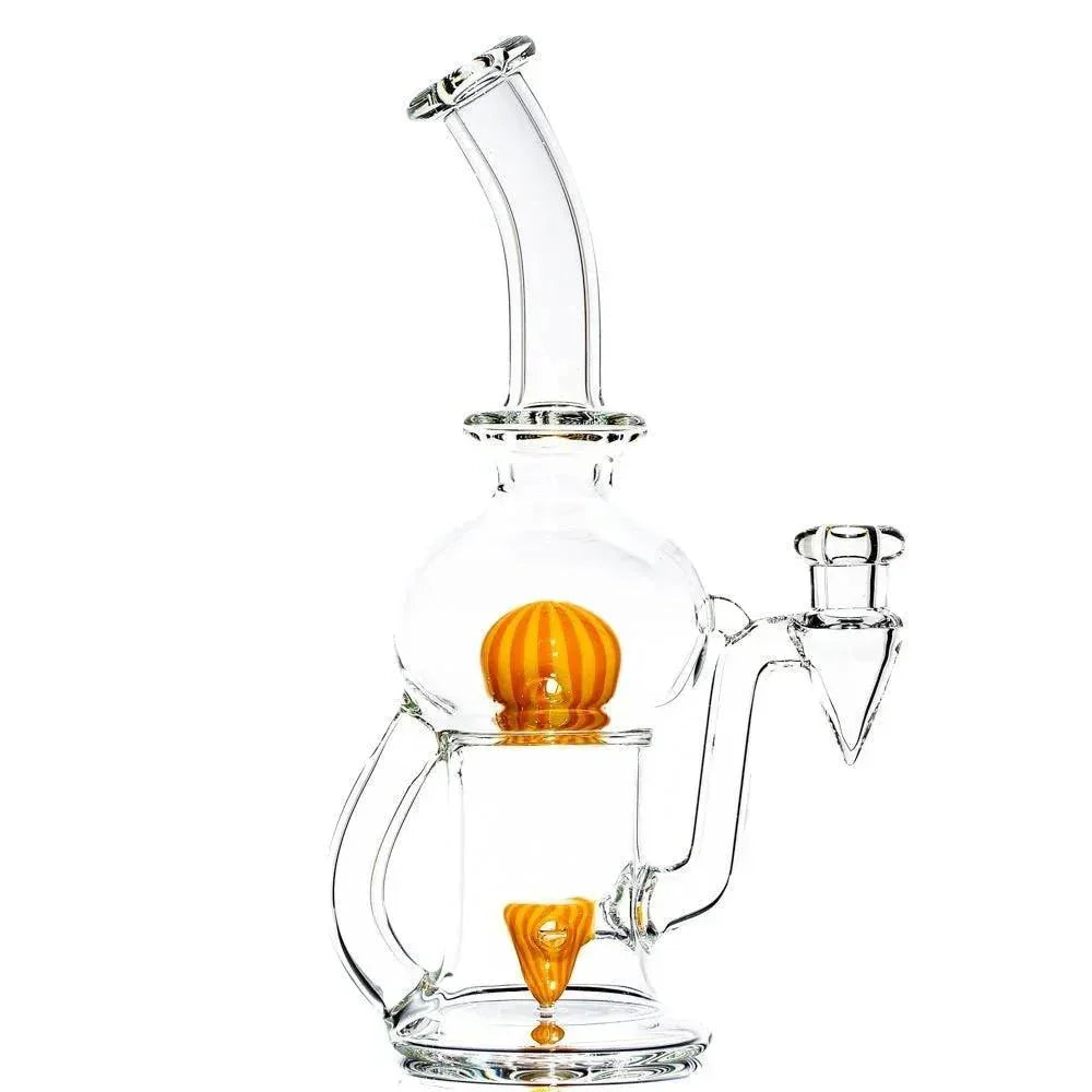 Clear glass water pipe with orange accents and unique percolator design