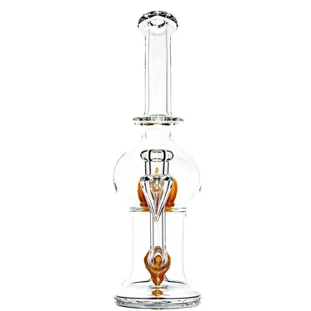 Clear glass water pipe with orange accents and intricate percolator design on white background