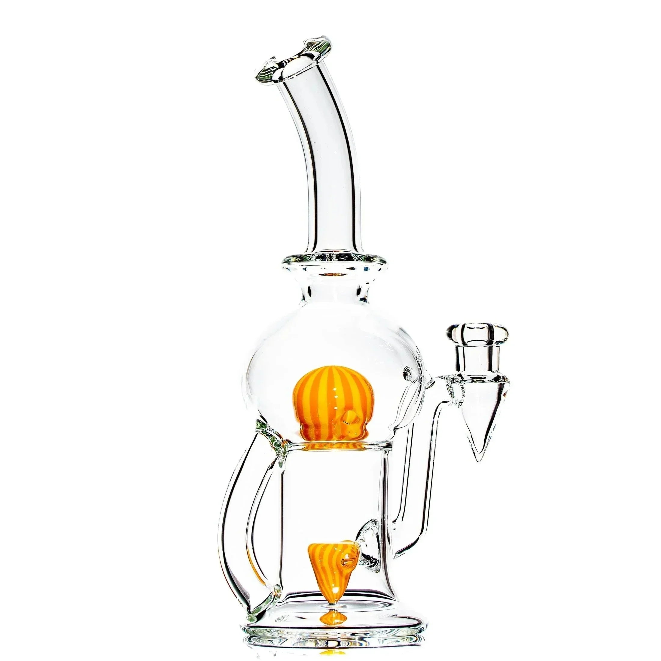 Clear glass water pipe with orange accents and unique percolator design on white background