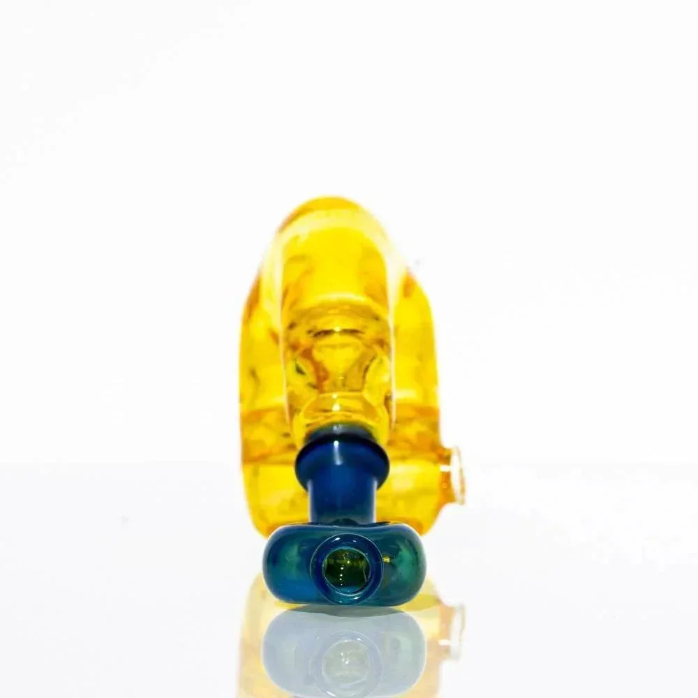 Yellow and blue glass sherlock pipe with unique artistic design on white background