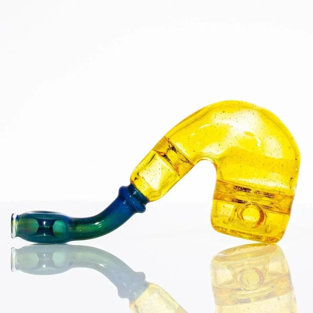 Yellow and blue glass Sherlock pipe with unique artistic design on white background