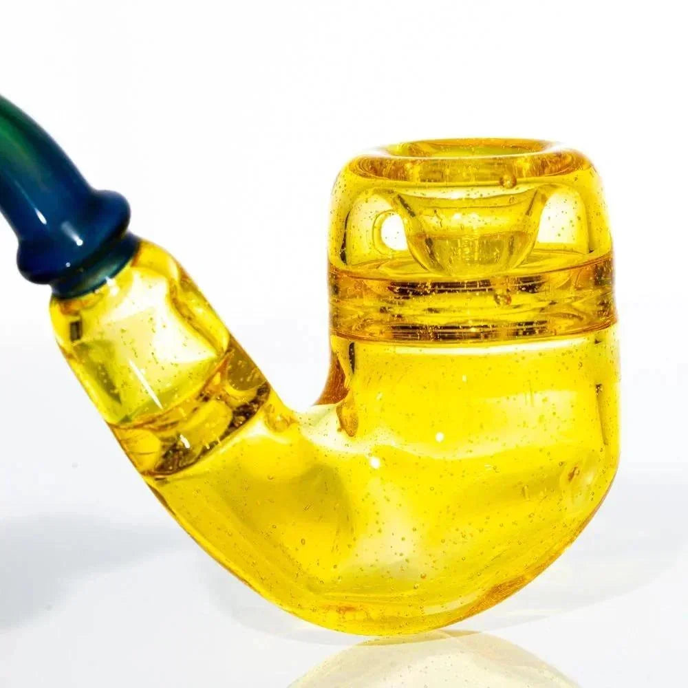 Yellow glass Sherlock pipe with blue mouthpiece on white background