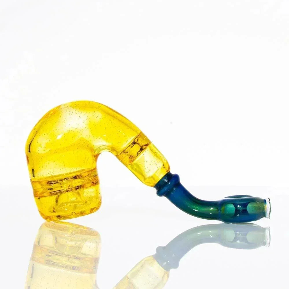 Yellow and blue glass sherlock pipe with curved design on white background