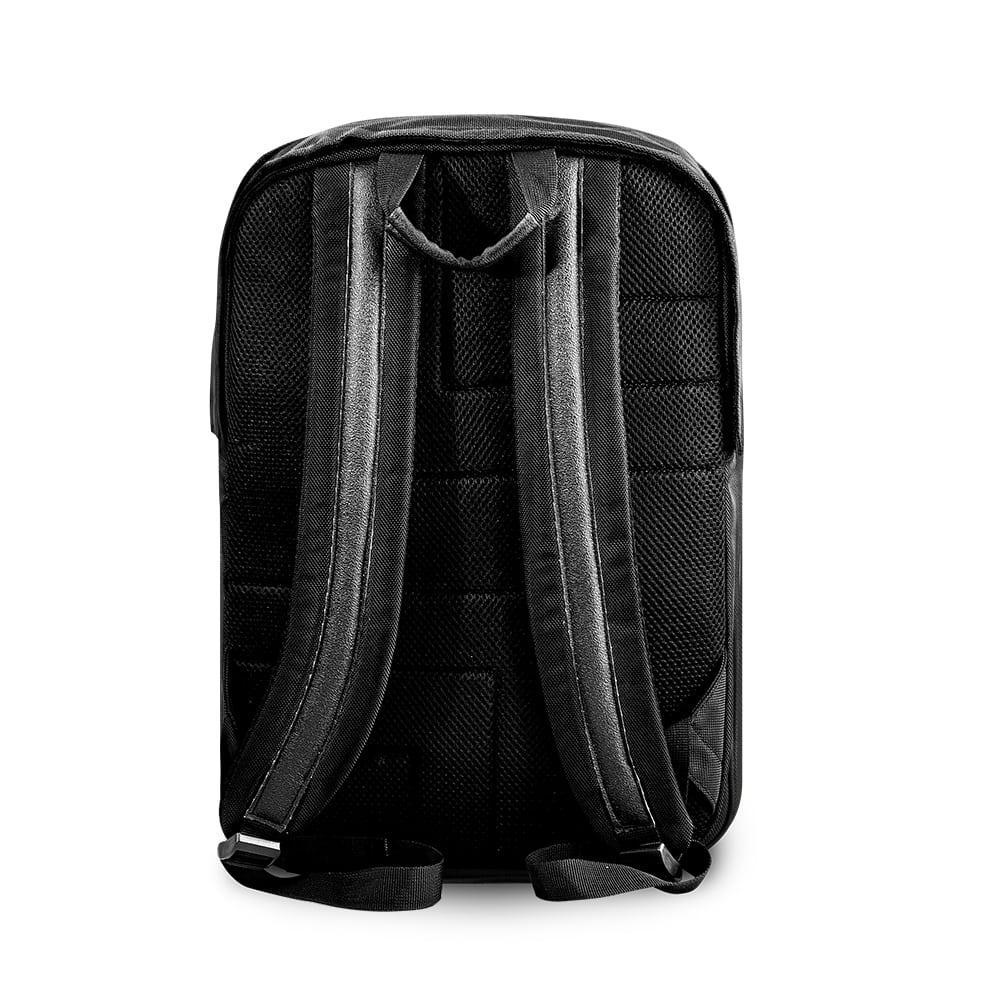 Black urban backpack rear view with padded straps and breathable mesh back panel
