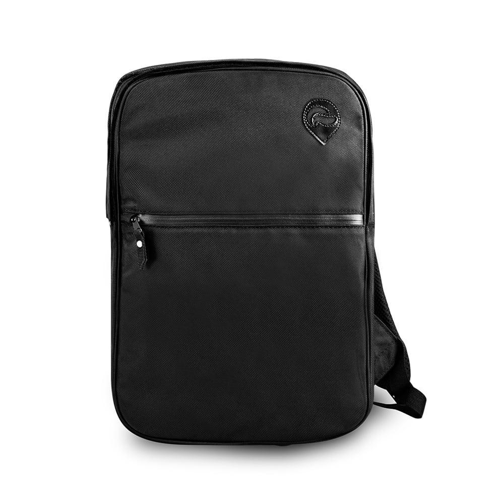 Sleek black urban backpack with front zipper pocket and minimalist design