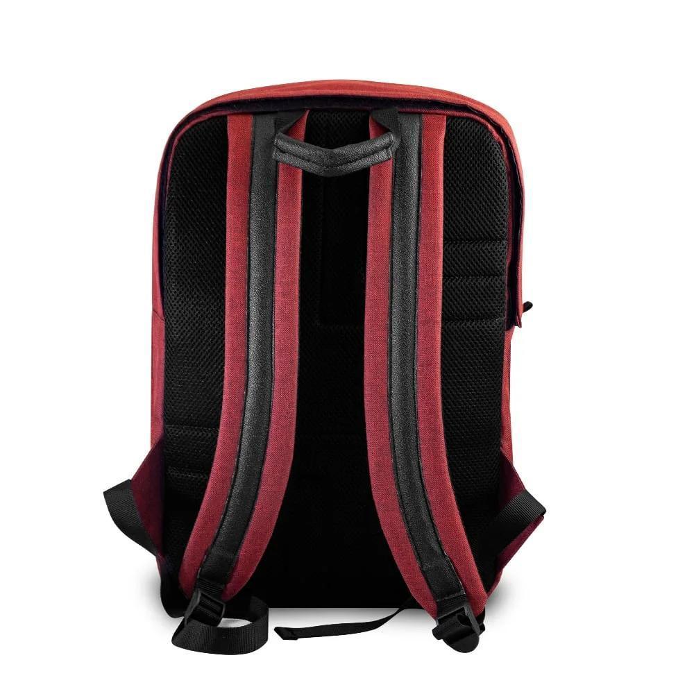 Back view of burgundy urban backpack with padded shoulder straps and mesh back panel