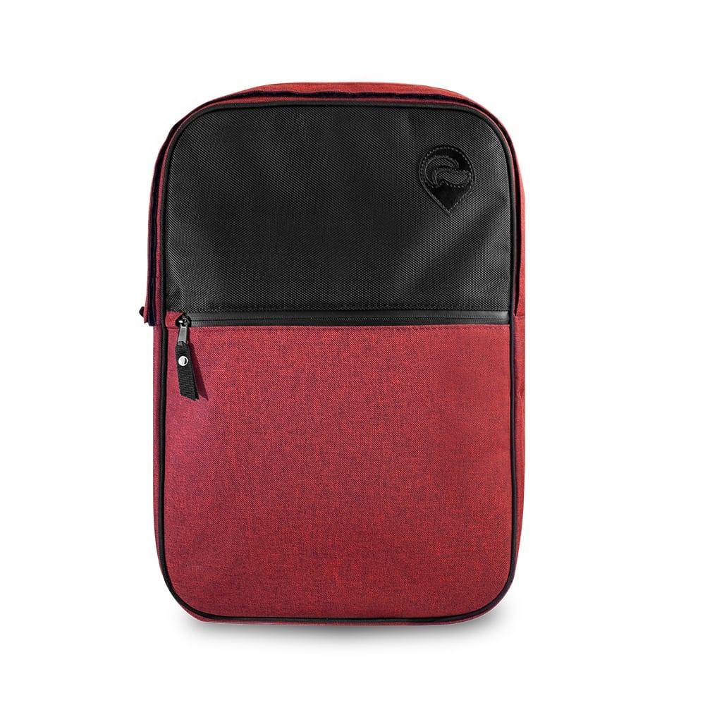 Urban backpack in burgundy and black with front zipper pocket, minimalist design