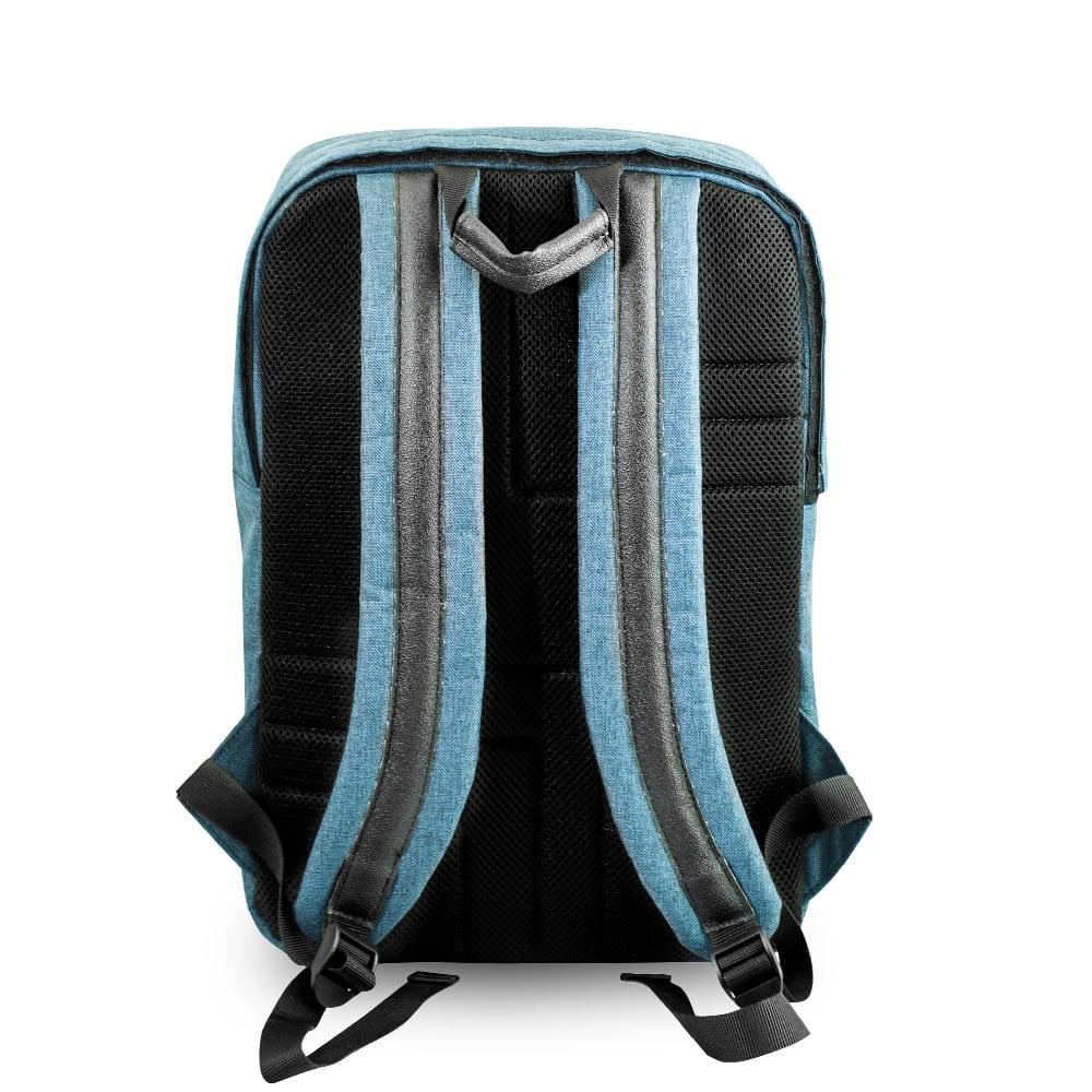 Back view of a denim blue urban backpack with padded straps and breathable mesh