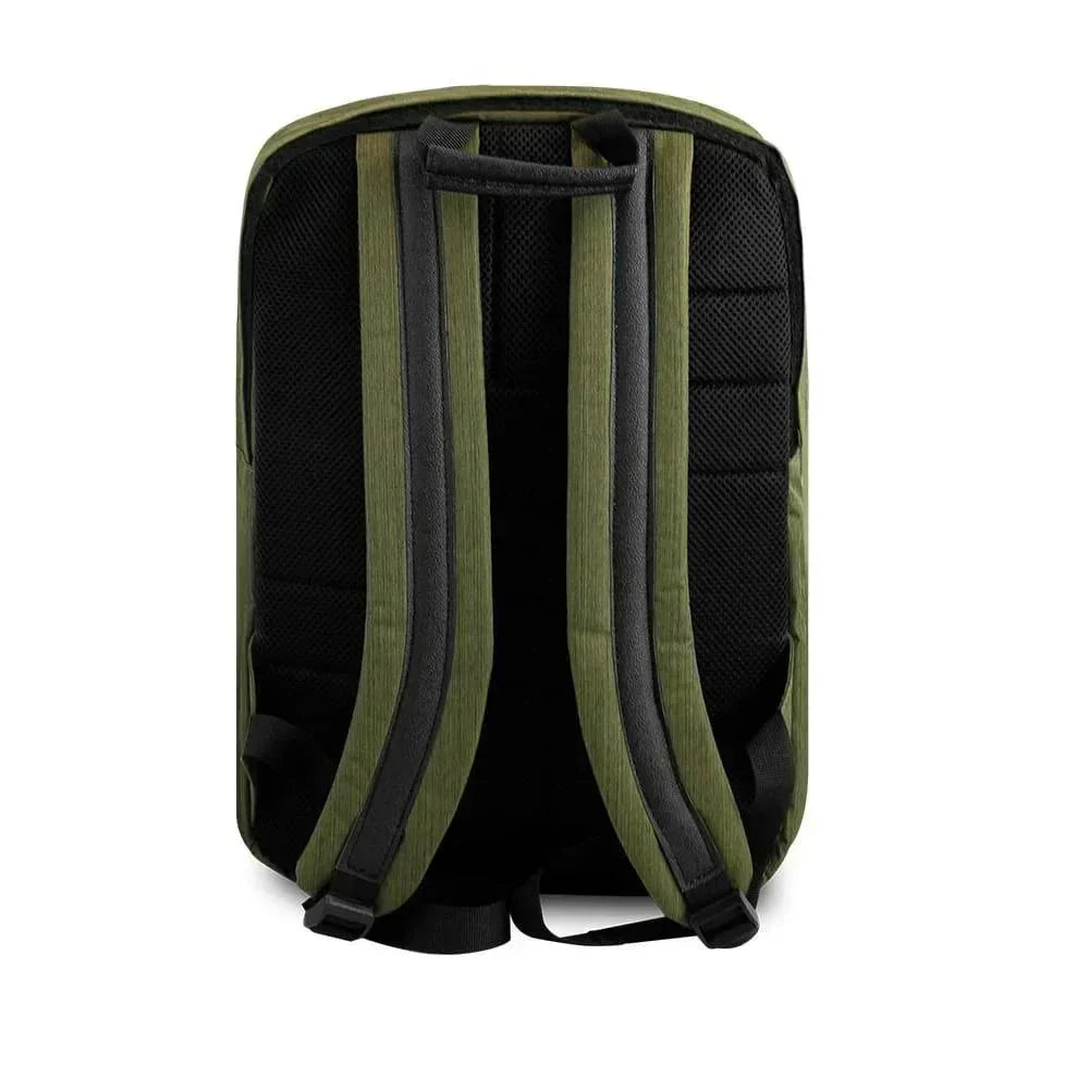 Back view of green urban backpack with padded straps and breathable mesh panel