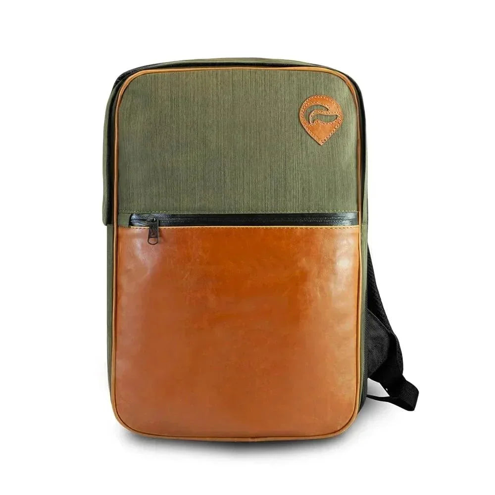 Green and brown urban backpack with leather front pocket and zippered compartment