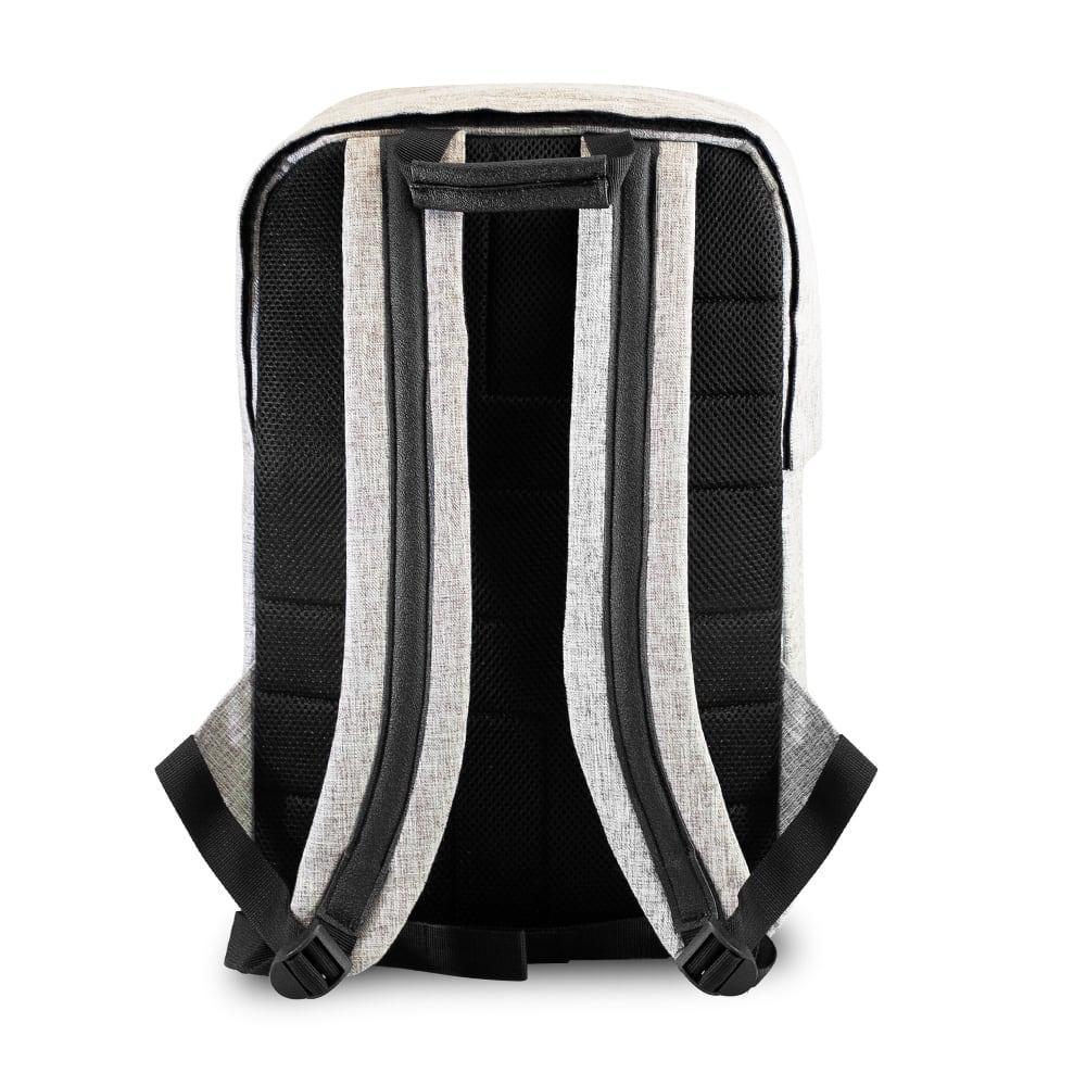 Khaki urban backpack back view with padded straps and breathable mesh panel