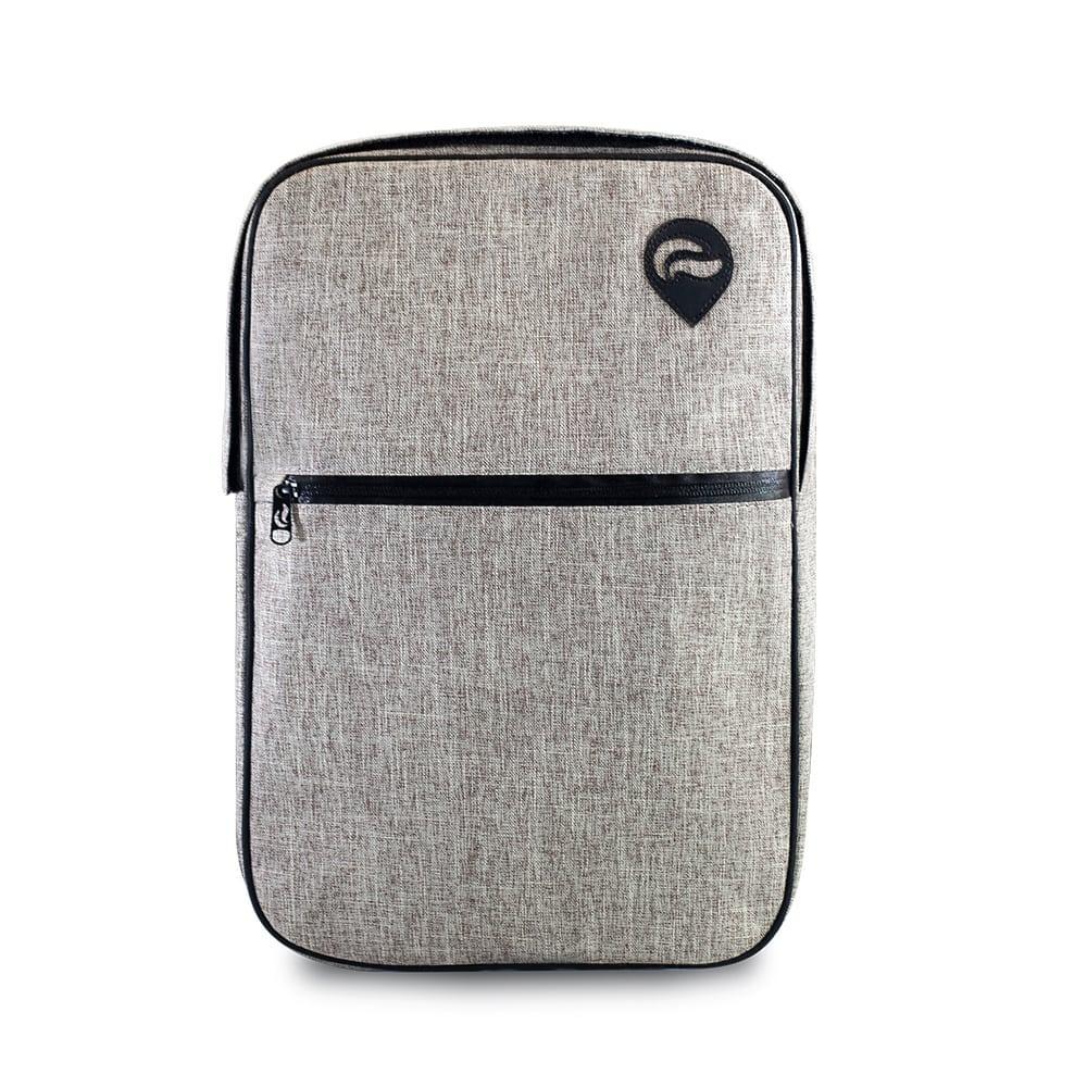 Khaki urban backpack with black zipper and logo, minimalist front design, isolated on white