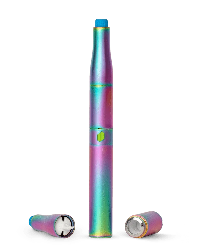 Iridescent vaporizer pen with blue cap and green button, shown with detached mouthpiece and battery