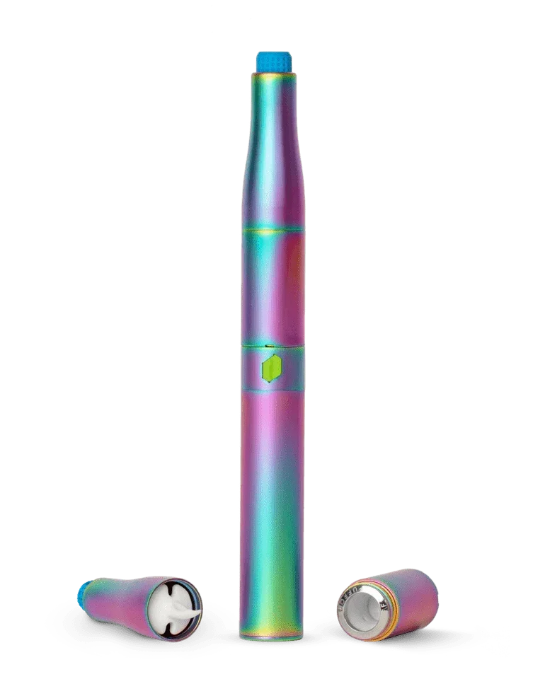 Iridescent vaporizer pen with blue cap and green button, shown with detached mouthpiece and battery