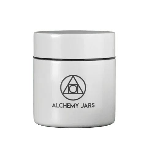 White airtight storage jar with Alchemy Jars geometric logo on front, isolated background.