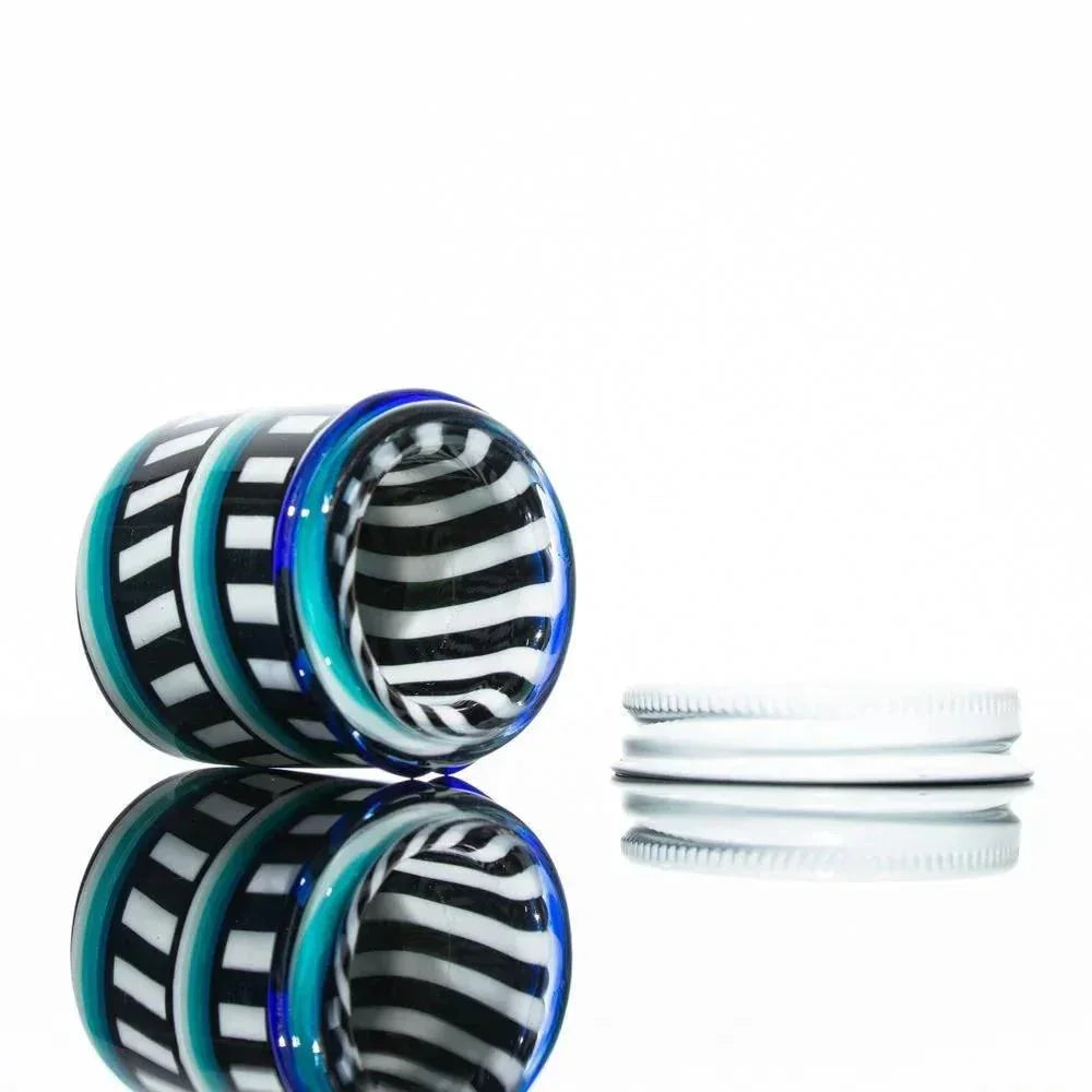 Double layer glass baller jar with black, white, and blue linework, shown with lid