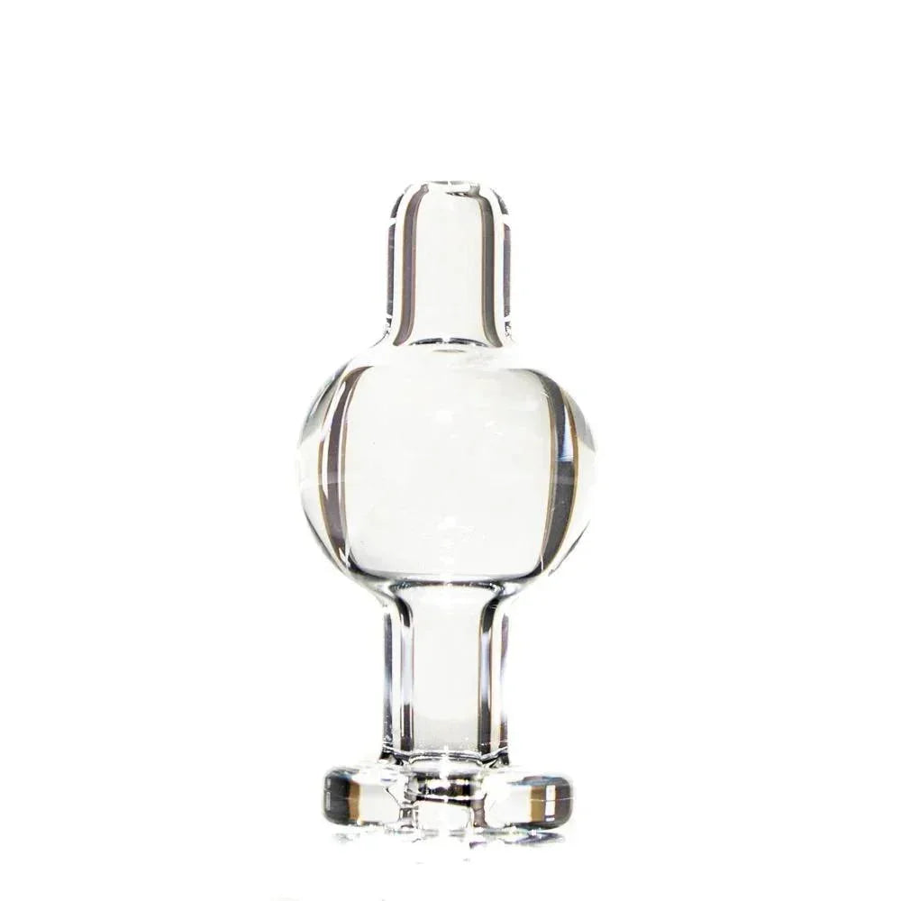 Clear glass bubble cap accessory with unique handle for dab rig on white background.