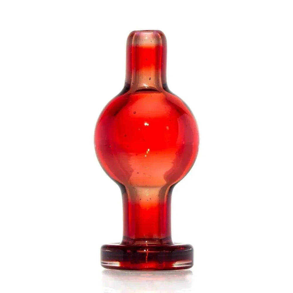 Red glass bubble cap carb cap for dab rigs, glossy finish, on white background