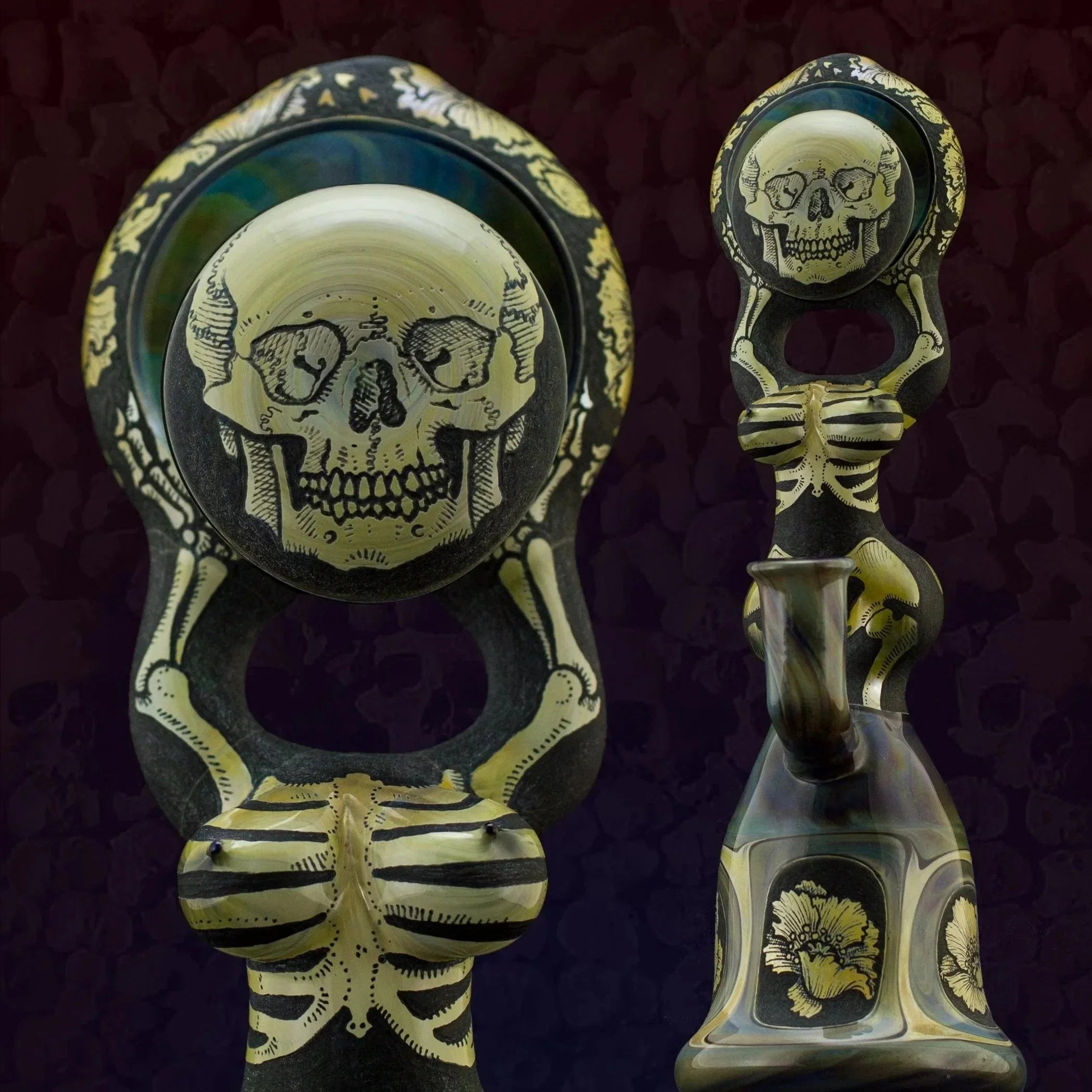 Handcrafted glass water pipe with detailed skeleton and skull artwork, closeup and full view
