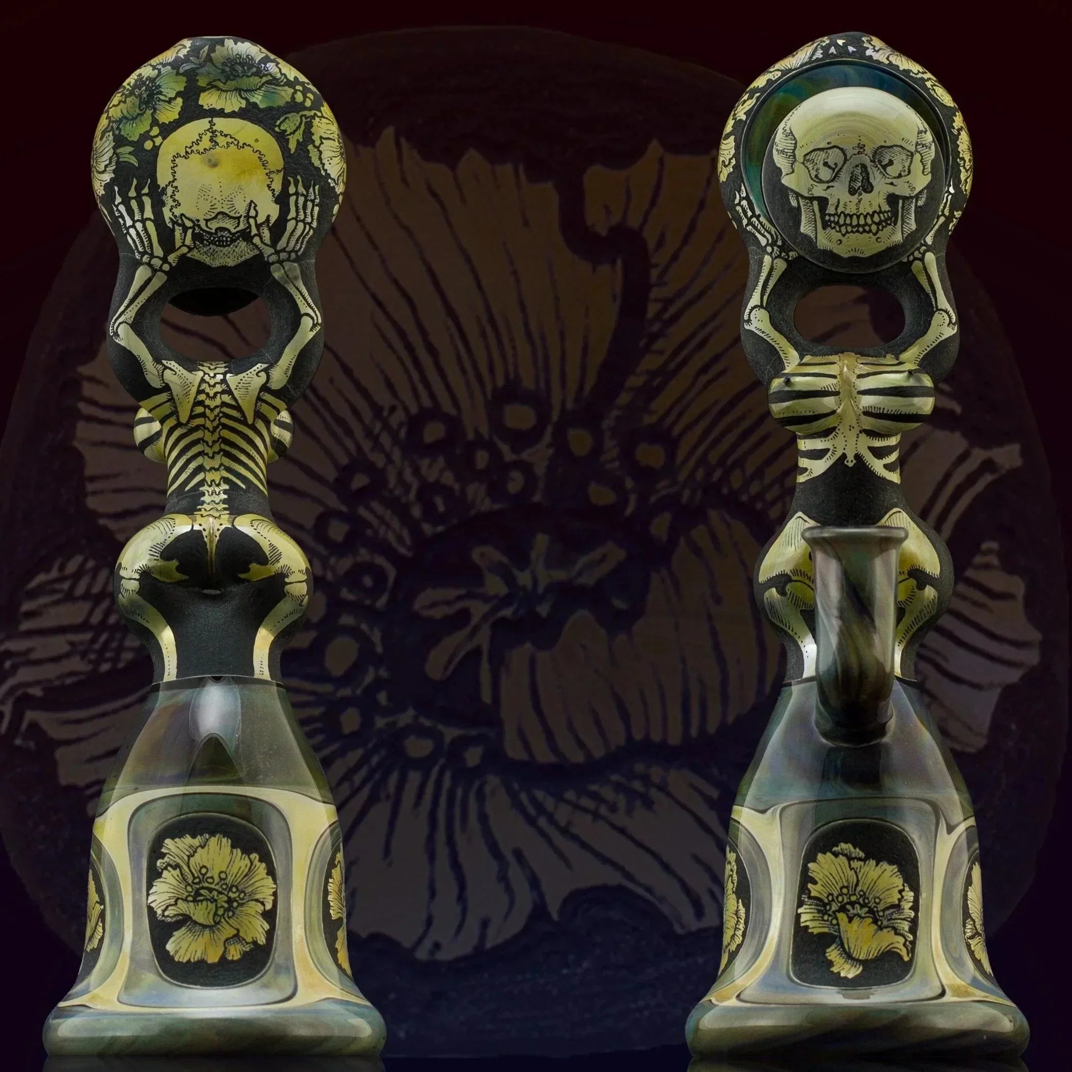 Artistic skeleton-themed glass pipes with floral designs and iridescent finish