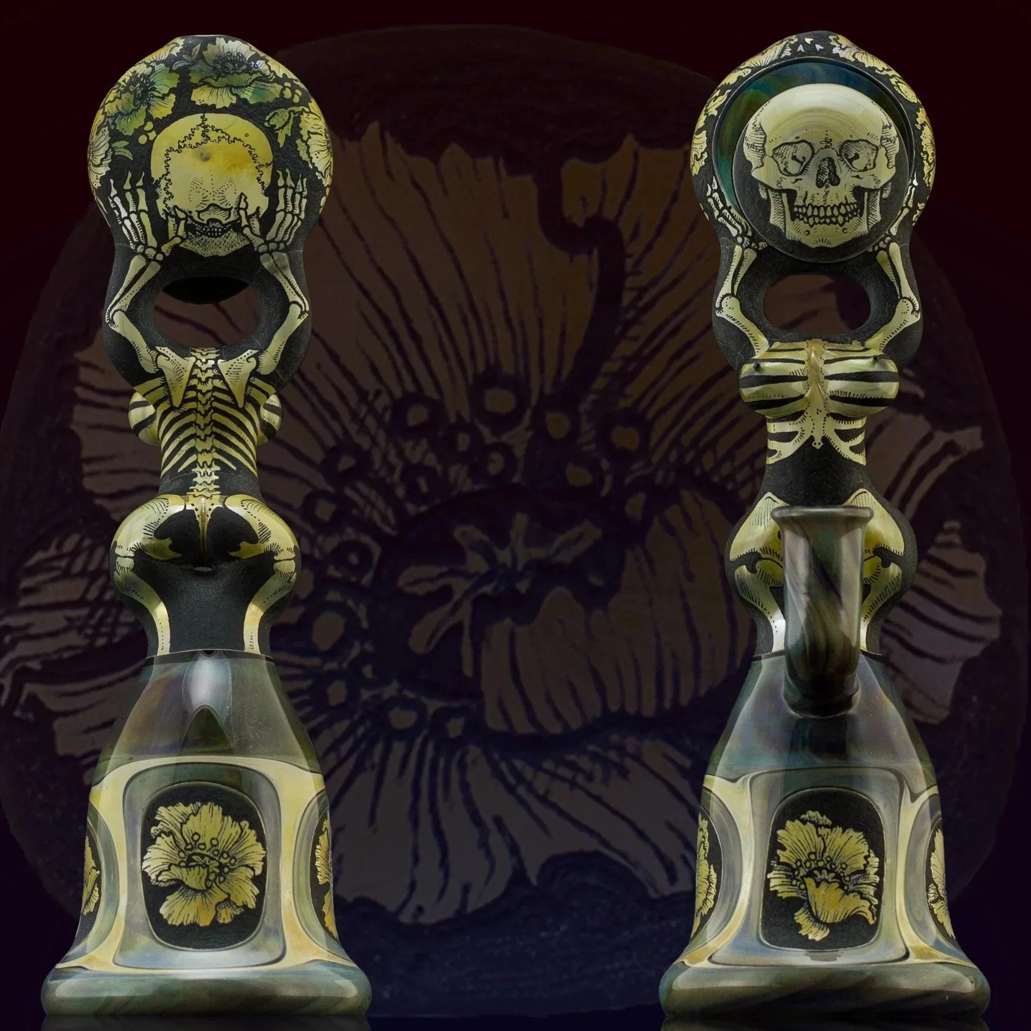 Heady glass water pipe featuring skull and skeleton art with yellow floral accents, front and back view