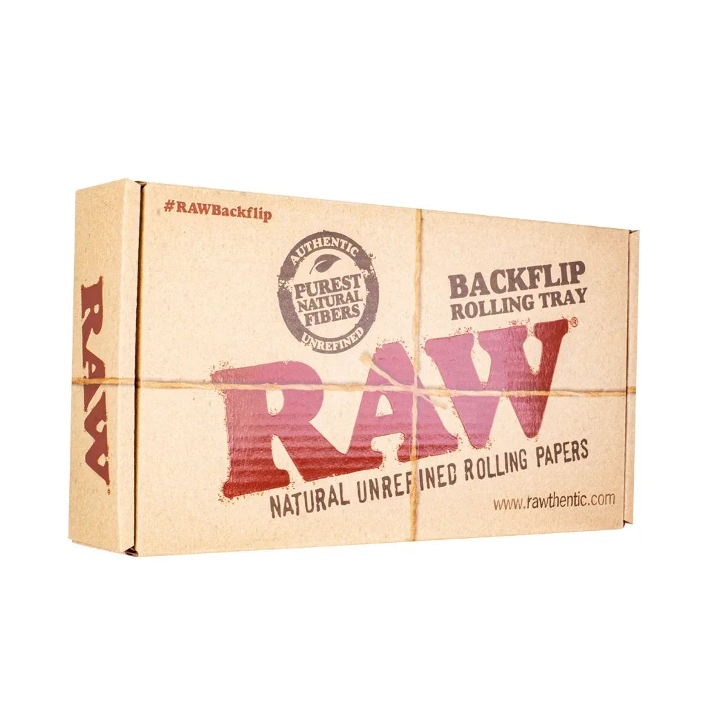 RAW Backflip rolling tray box made from unrefined natural fibers with product branding.