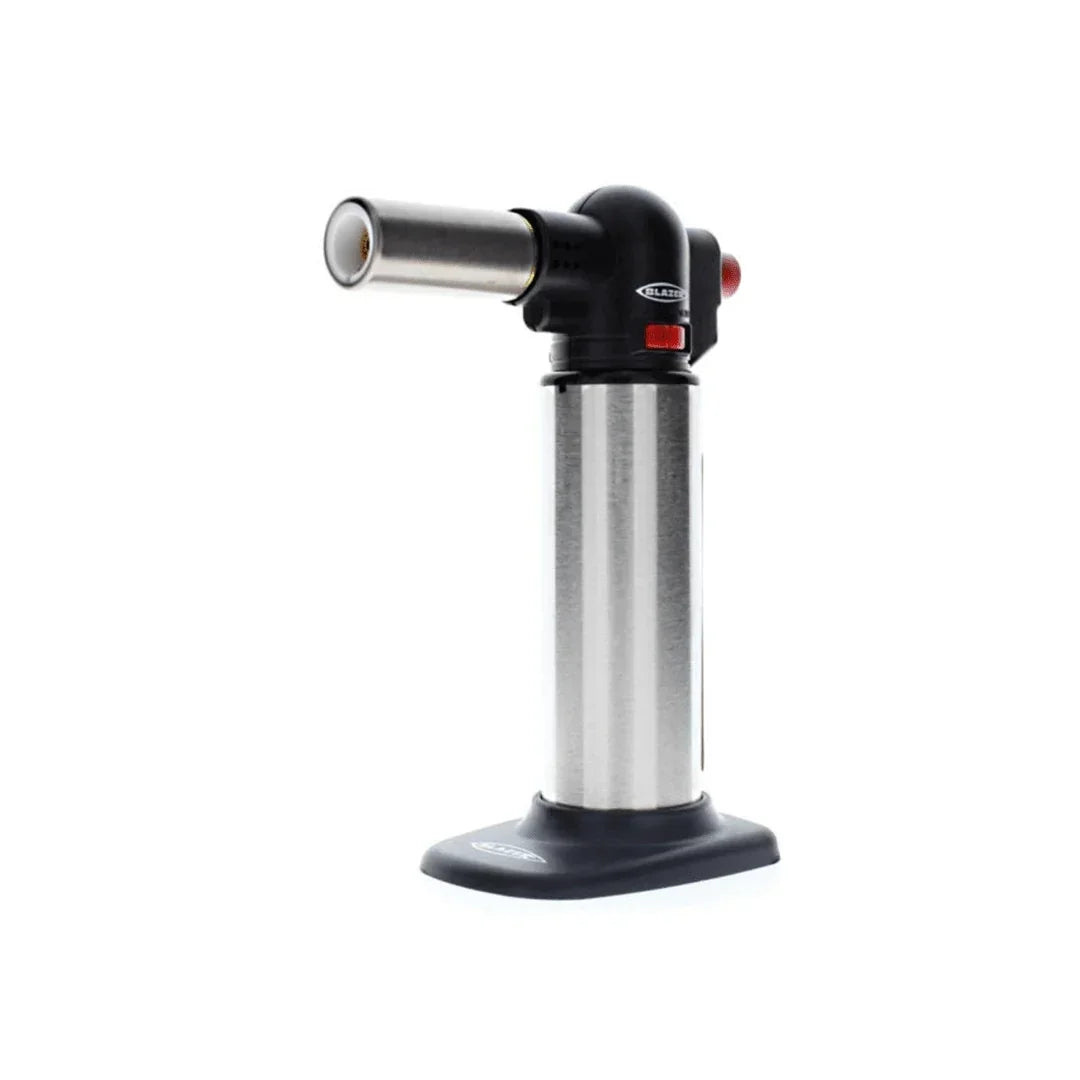 Stainless steel Blazer torch lighter with black base and red ignition button, ideal for vaporizers and glass pipes