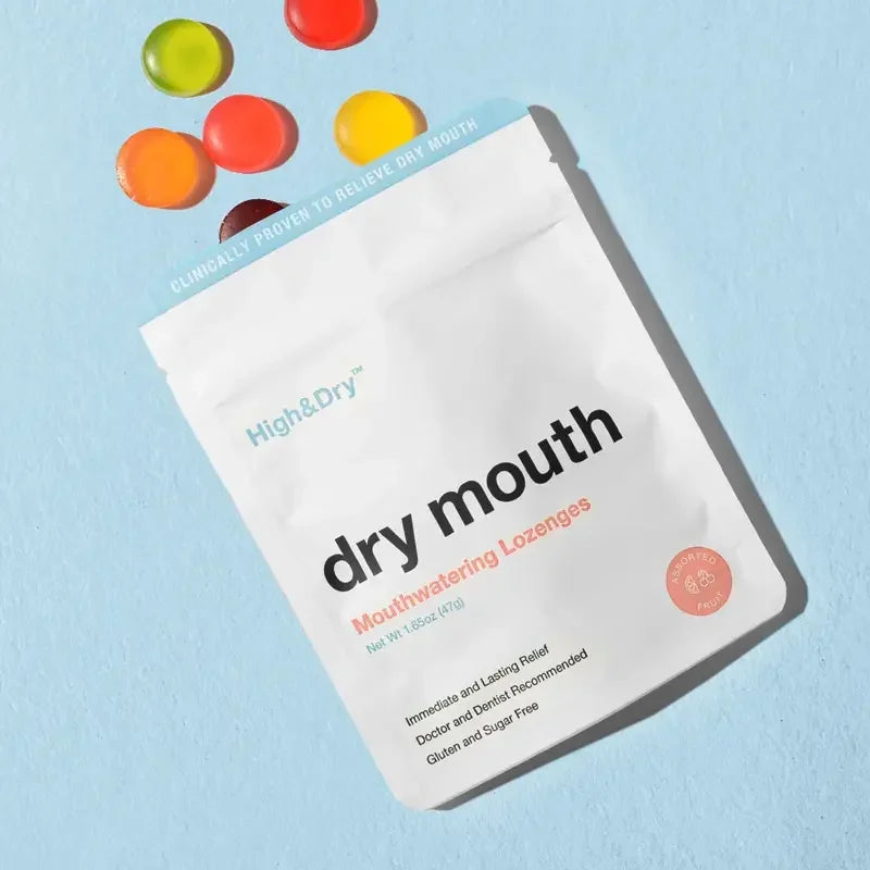 High & Dry dry mouth lozenges pouch with assorted fruit lozenges on a light blue background