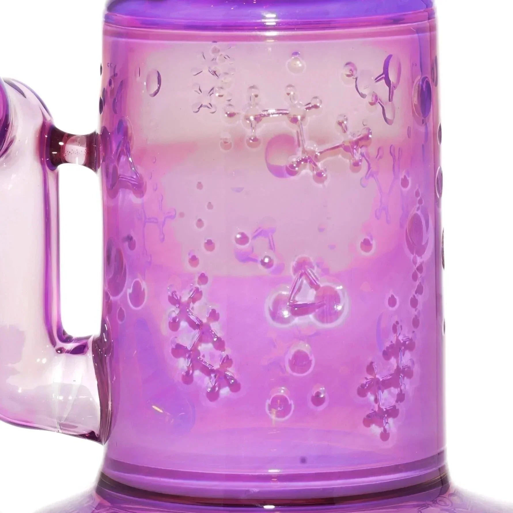 Purple glass bong with raised molecular designs and handle, close-up detail view