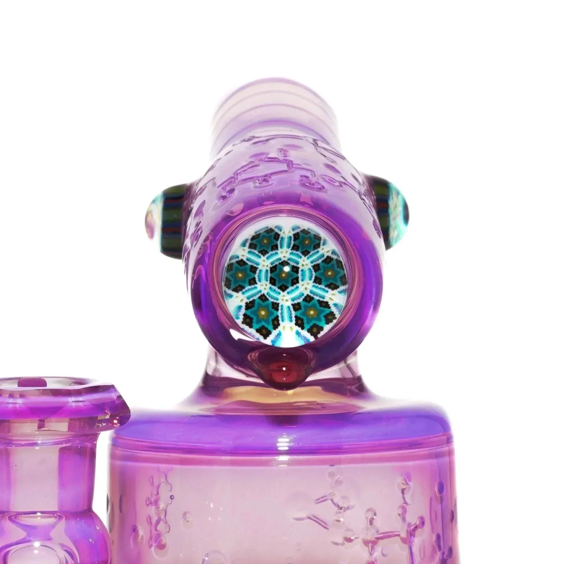 Purple glass water pipe with intricate blue and white millefiori design accents