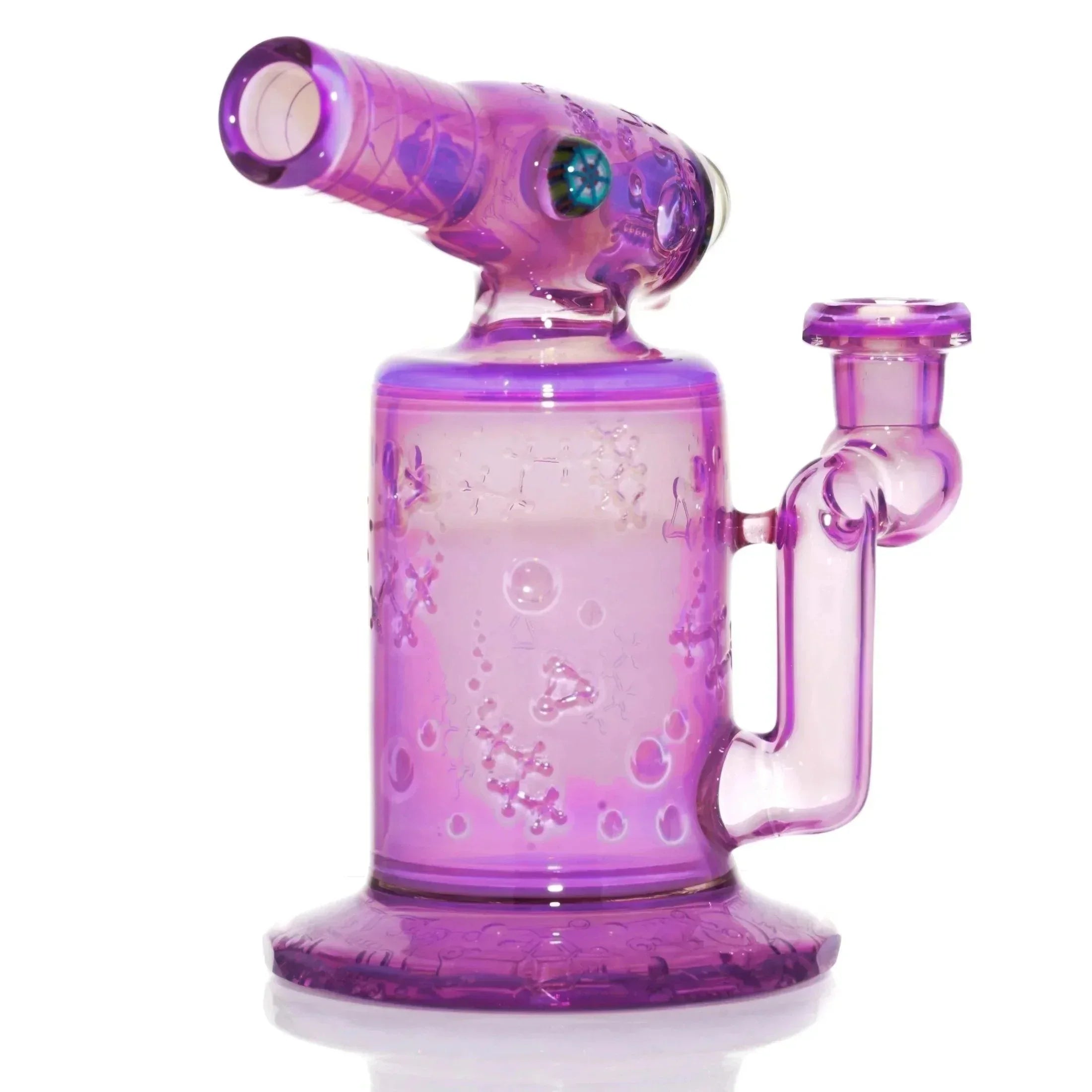 Purple glass water pipe with intricate patterns and unique scientific design