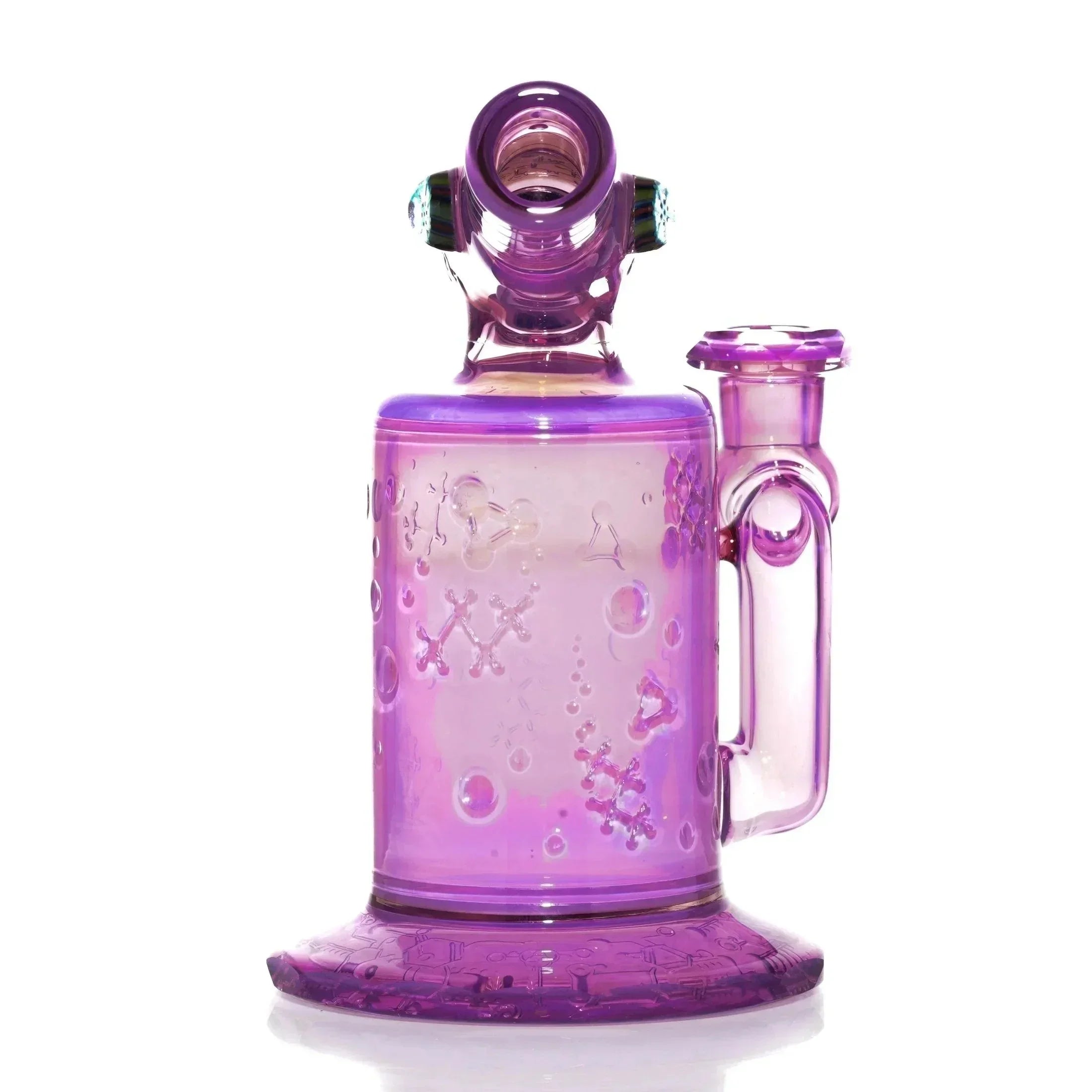Purple scientific glass water pipe with etched molecular patterns and a wide base