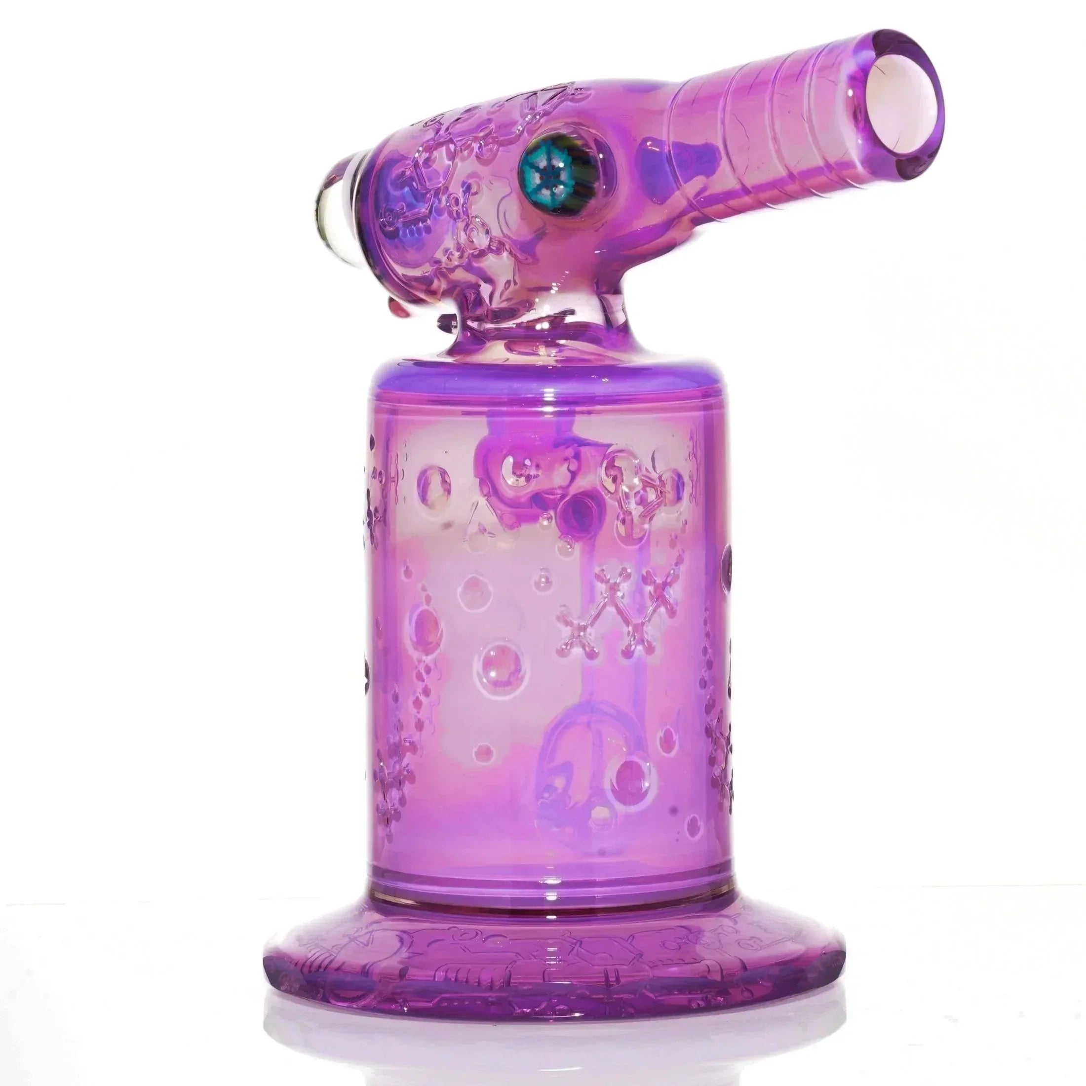 Purple glass water pipe with intricate designs and unique shape on a white background