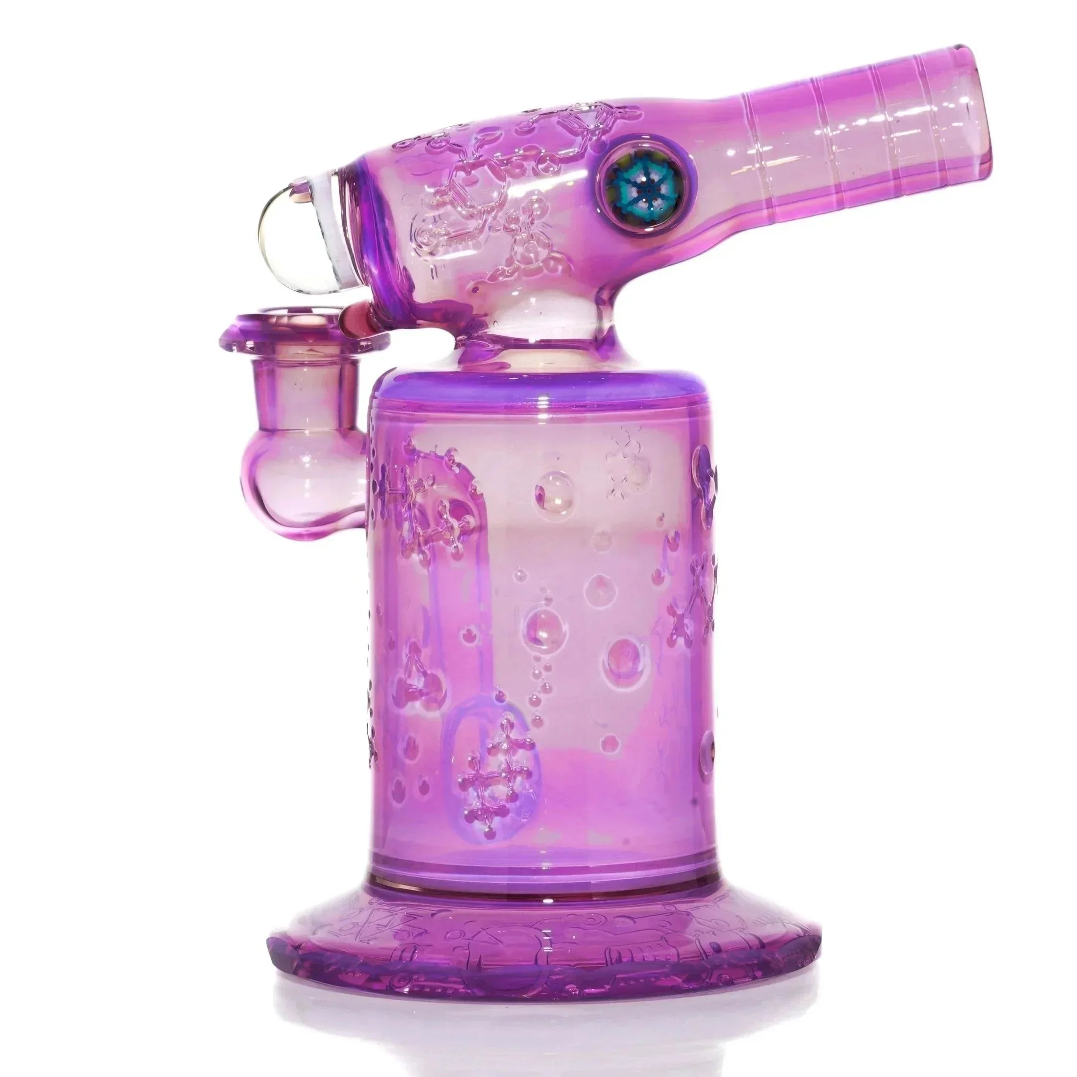 Purple glass water pipe with textured patterns and a wide base, shown on a white background.