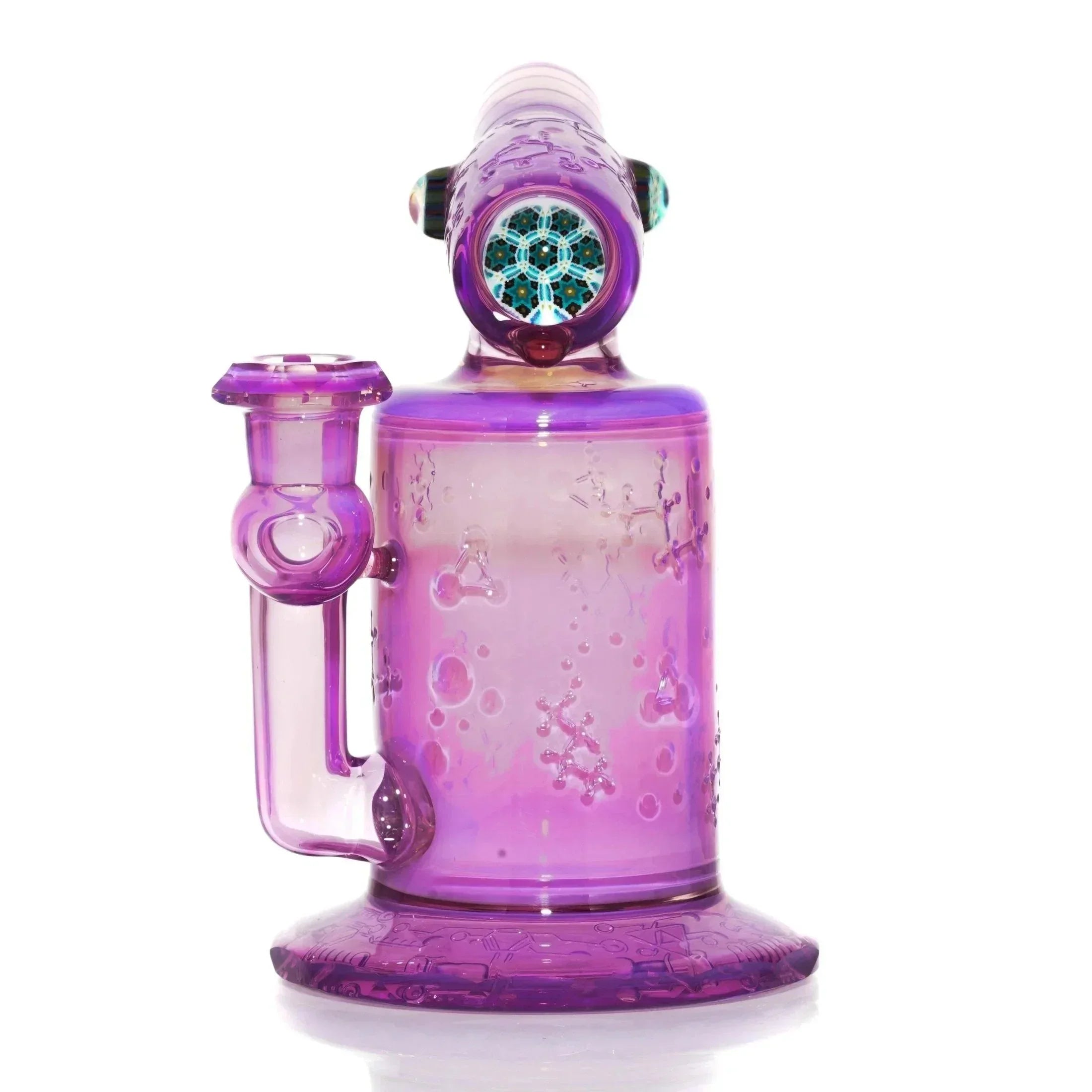 Purple scientific glass water pipe with intricate patterns and a mosaic design on the neck