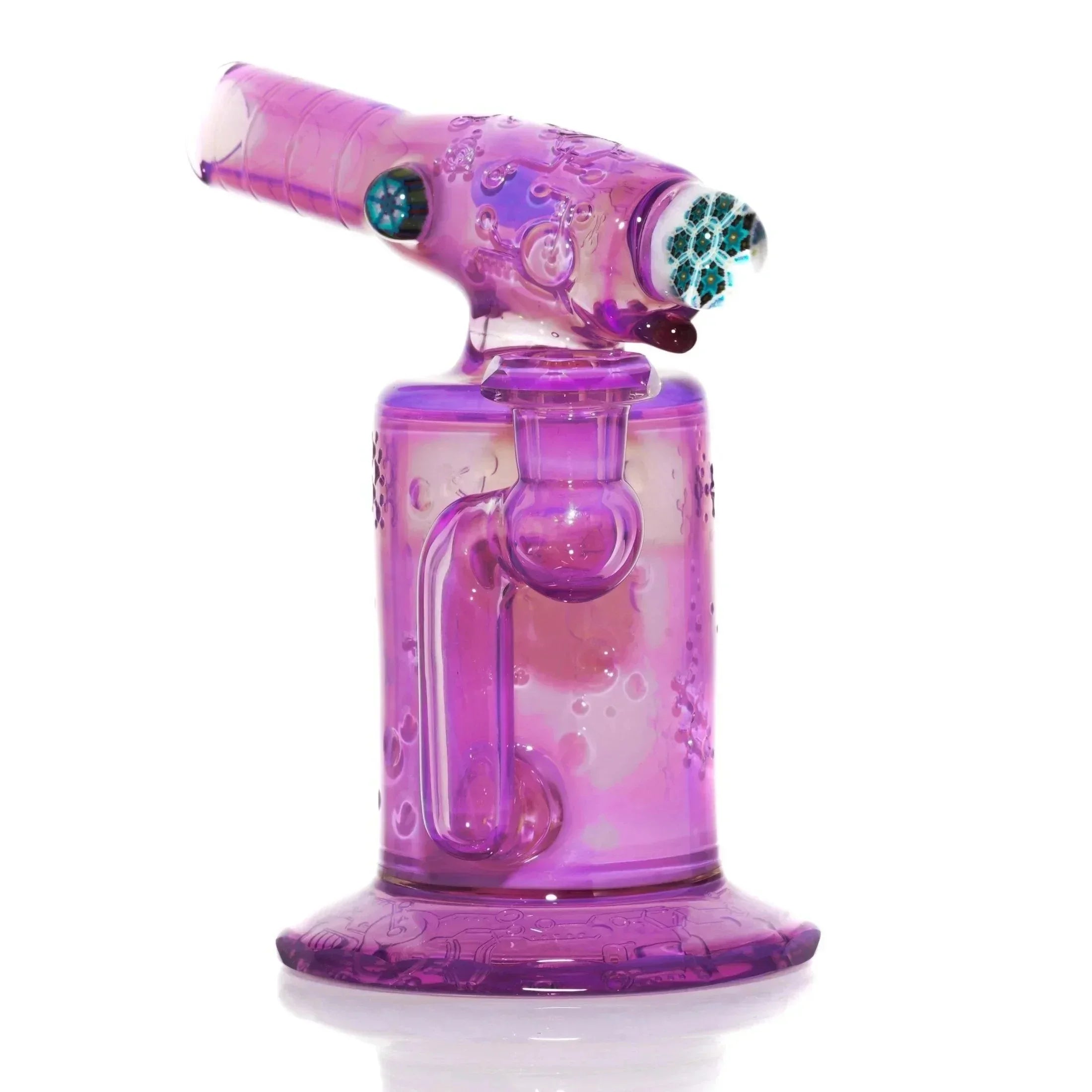 Purple glass torch-shaped water pipe with intricate patterns and clear accents