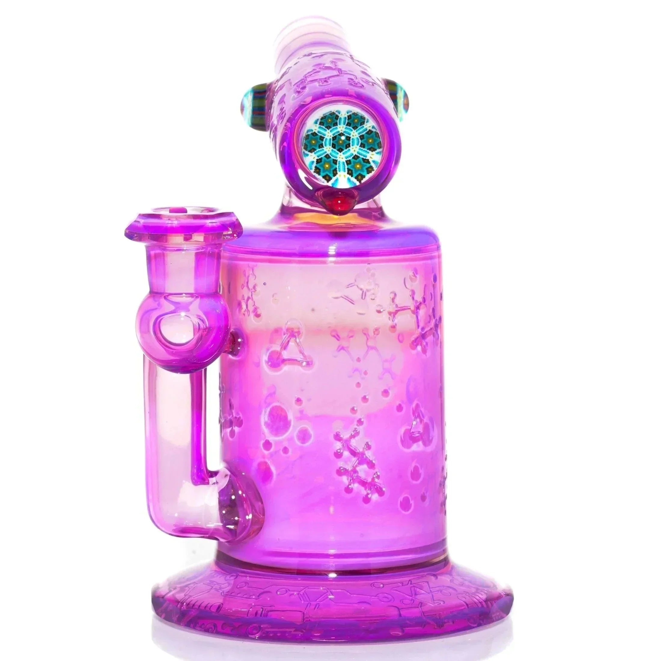 Purple scientific glass dab rig with intricate patterns and colorful marble accents