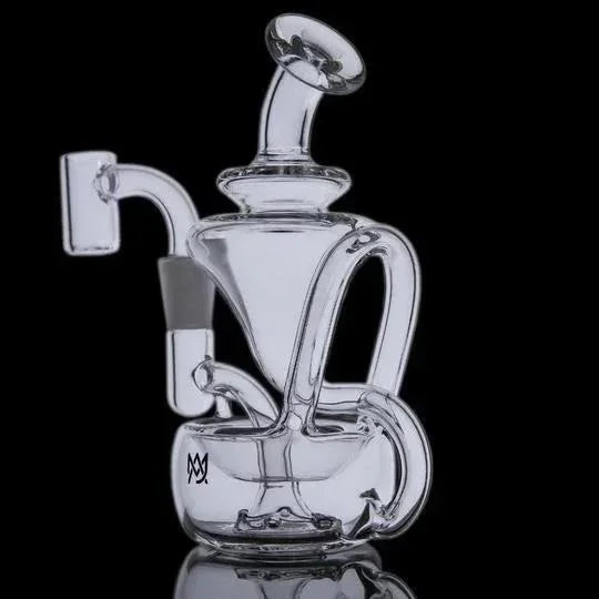 Clear glass recycler rig with intricate tubing and unique percolator design on black background