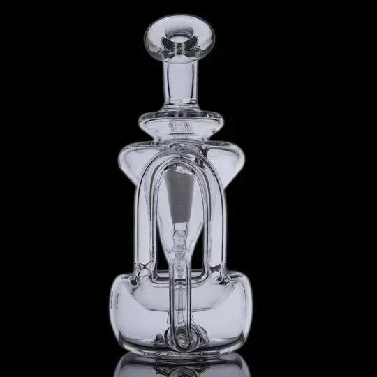 Clear scientific glass water pipe with intricate recycler design on black background